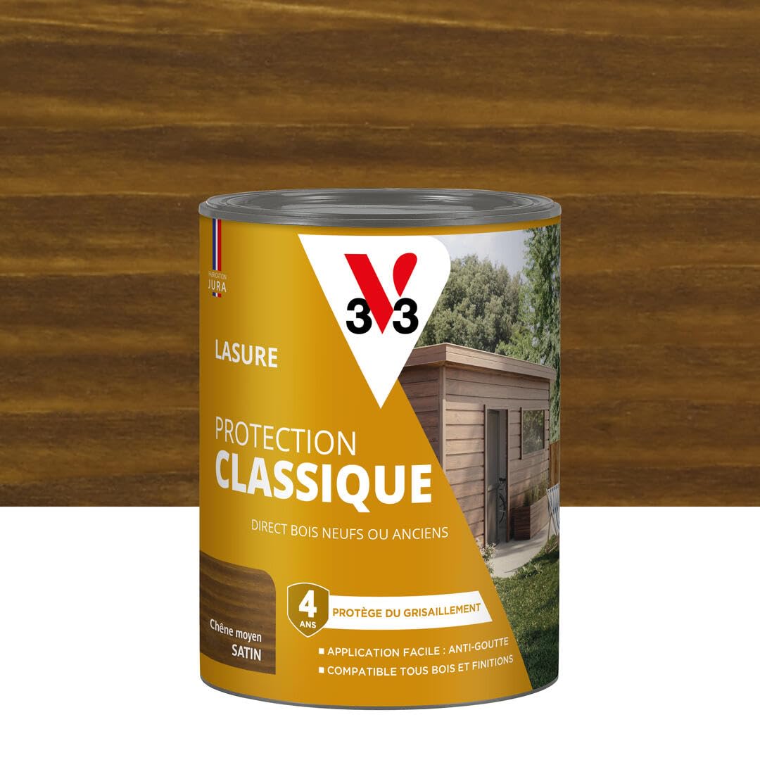 V33 Lasure Bois extérieur Chêne moyen - Protection Classique 4 ans - Protège du grisaillement - Direct bois neufs ou anciens - Texture anti-​goutte - 0,​75L