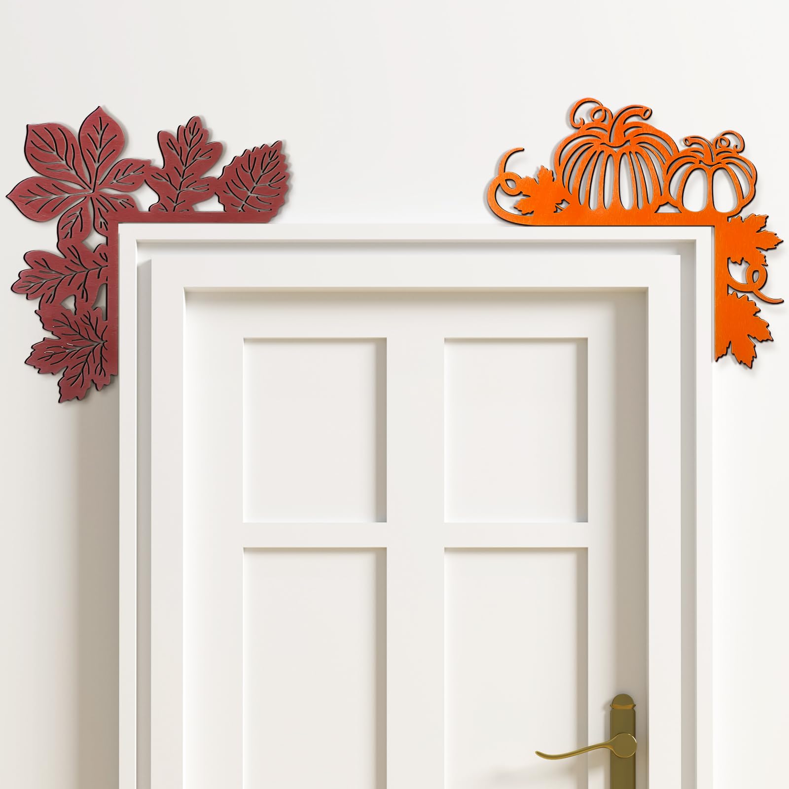 Wonderjune 2 Pcs Autumn Fall Door Topper Decor Pumpkin Door Frame Corner Maple Leaf Wooden Whimsical Sign Hanging Ornament for Fall Party Home Window Mirror Right Angle Decorations