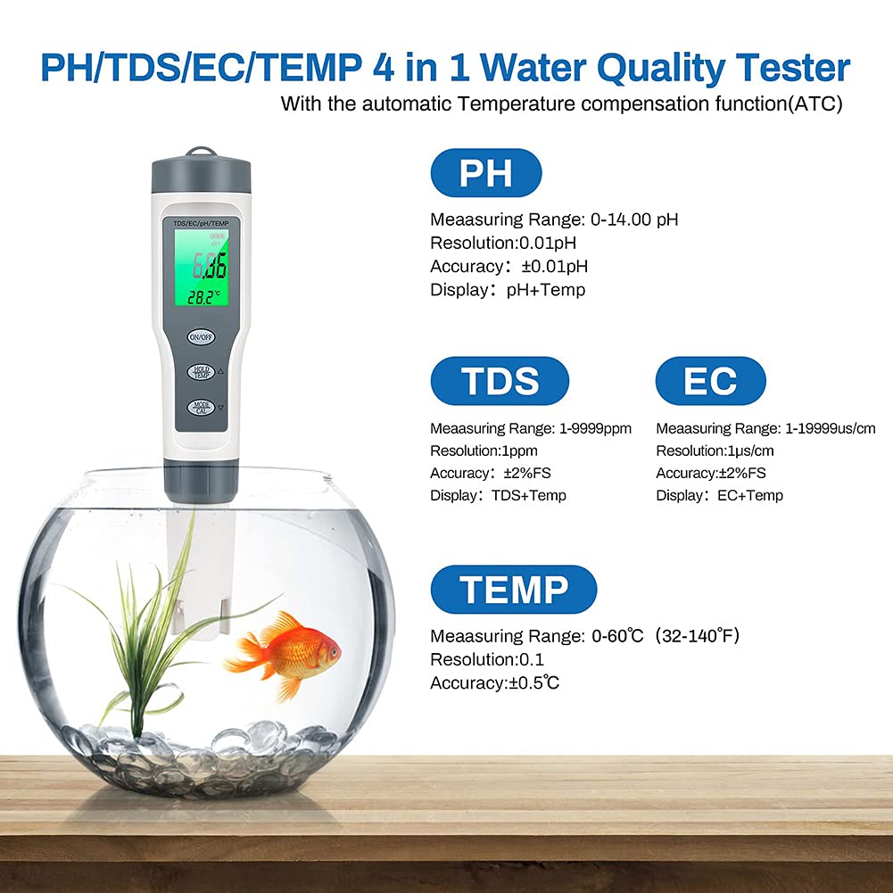 ERNZI Testeur de qualité de l'eau de testeur Affichage à Cristaux liquides/Valeur de pH numérique/Compteur TDS pour l'eau Potable/température de Laboratoire tds EC 4 en 1 Ensemble
