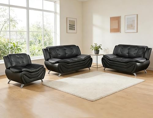 Miniatura 59 de Sofás Seccionales de Cuero, Conjuntos de Muebles de Sala de Estar, 3 Piezas Conjunto de Sofá Moderno para Sala de Crema