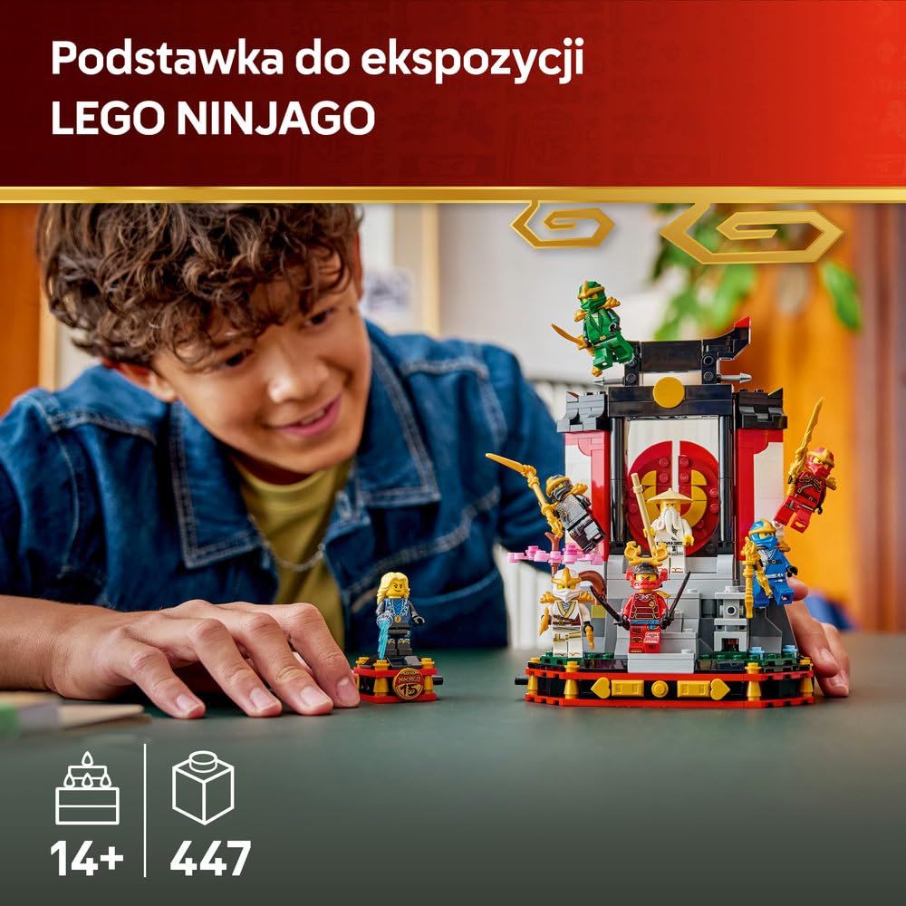 LEGO NINJAGO Ozdoba z postaciami ninja — 15-lecie, kolekcjonerski zestaw konstrukcyjny dla chłopców i dziewczynek, podstawka z ośmioma minifigurkami, pomysł na prezent urodzinowy dla 14-latka 71866