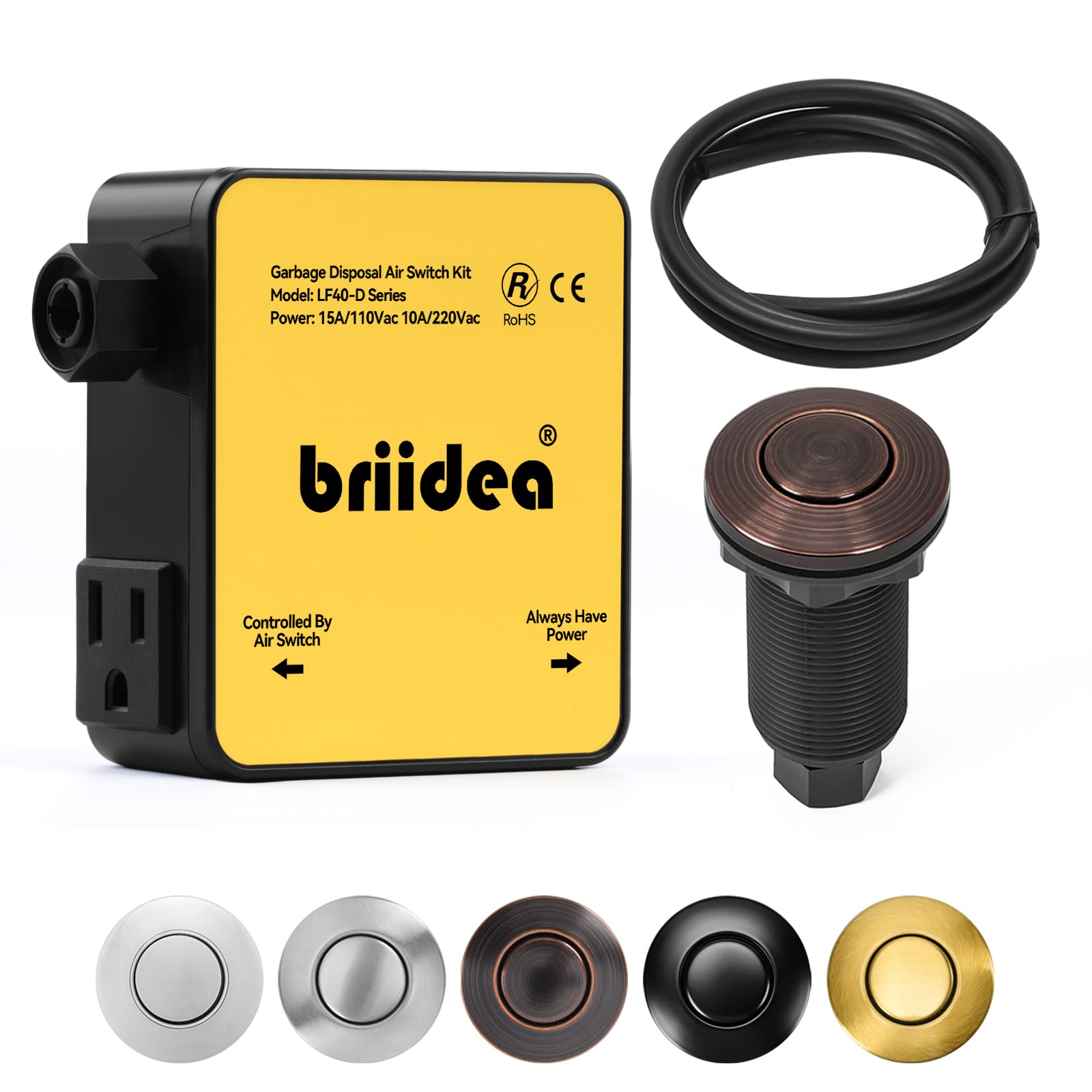 Briidea, kit de interruptor de aire para eliminación de basura, doble salida para fregadero, eliminación de residuos, acero inoxidable, bronce aceitado, botón de aire de encendido/apagado, parte de