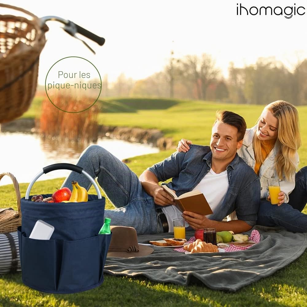 17L Sac Pliable à Outils de Seau avec Plusieurs Poches, Sac Rond à Outils de Jardinage, Panier Multifonctionnel avec Poignée, Corbeille de Rangement pour Les Outils, Les Jouets (Bleu Marine)