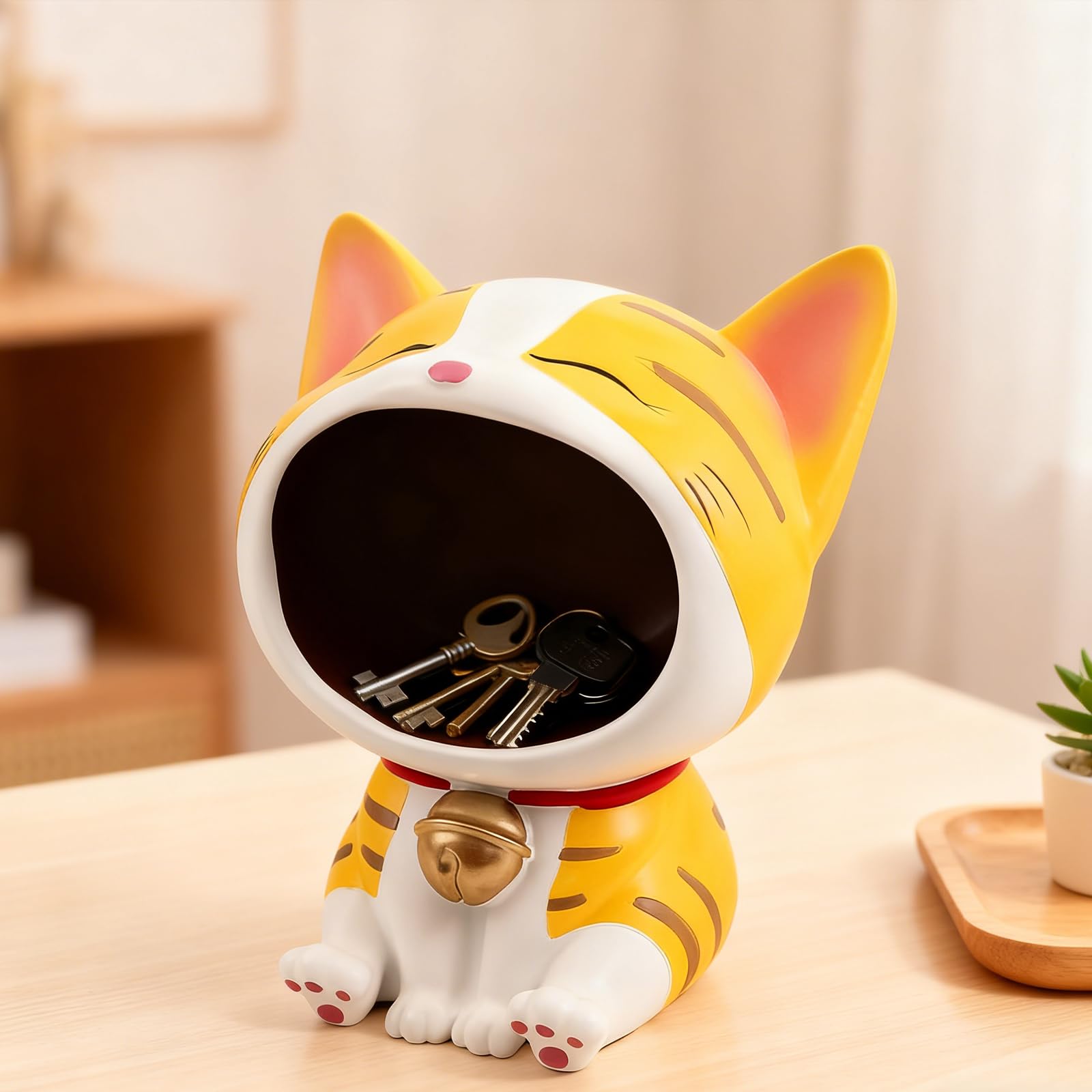 Schlüsselschale für Eingangstisch Glückskatze Statue Süßigkeitentisch für Büro Schreibtisch Kunst Home Decor (gelb)