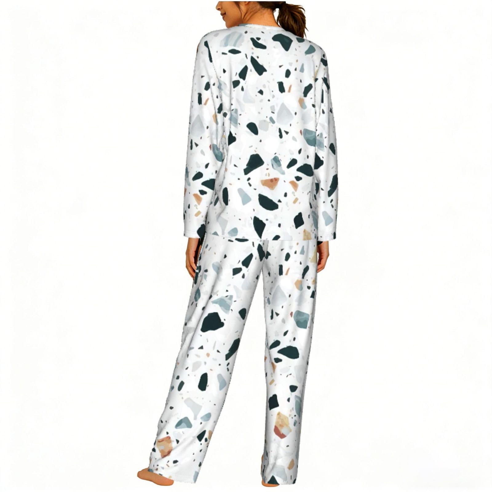 Terrazzo marmo pastello stampa donna manica lunga pigiama coordinato set morbido confortevole lounge elastico pigiameria