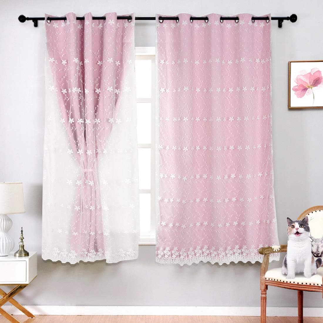 SerachI Pink Girls Blackout Curtains Double Layer Curtain, Kids Darkening Curtains Flower Embroidered Voile Mix Match Blackout Window Treatment Grommet Drapes for Girls Bedroom 1 Panel 42 x 63