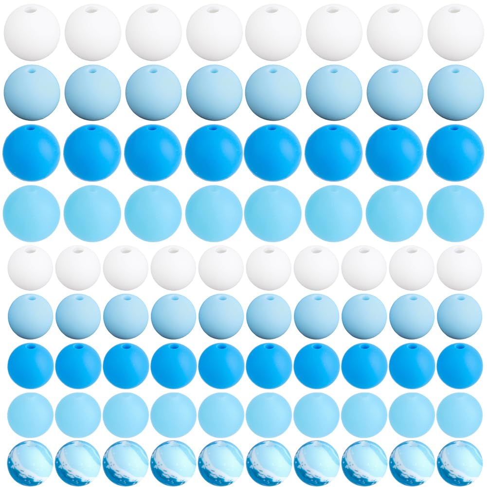 PONABEADIY 9 Styles 100PCS Wave Printed Beads with Hole Blue Silicone Focal Round Shaped Summer Ocean Themed Sea Loose Spacer Bead Bulk for Jewellery Making Bracelets Necklace Keychain DIY Crafts