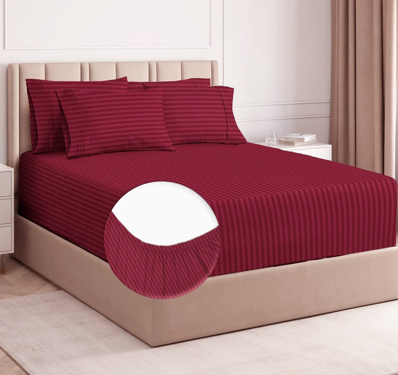 HOMEKART Premium Cotton 210Tc Elastic Fitted Bedsheets with 2 Pillow Covers | King Size Bed with All Around Elastic Wrinkelfree Supersoft Striped Pattren Breathable |Size-78 x72+10 inches | Maroon-picture-40