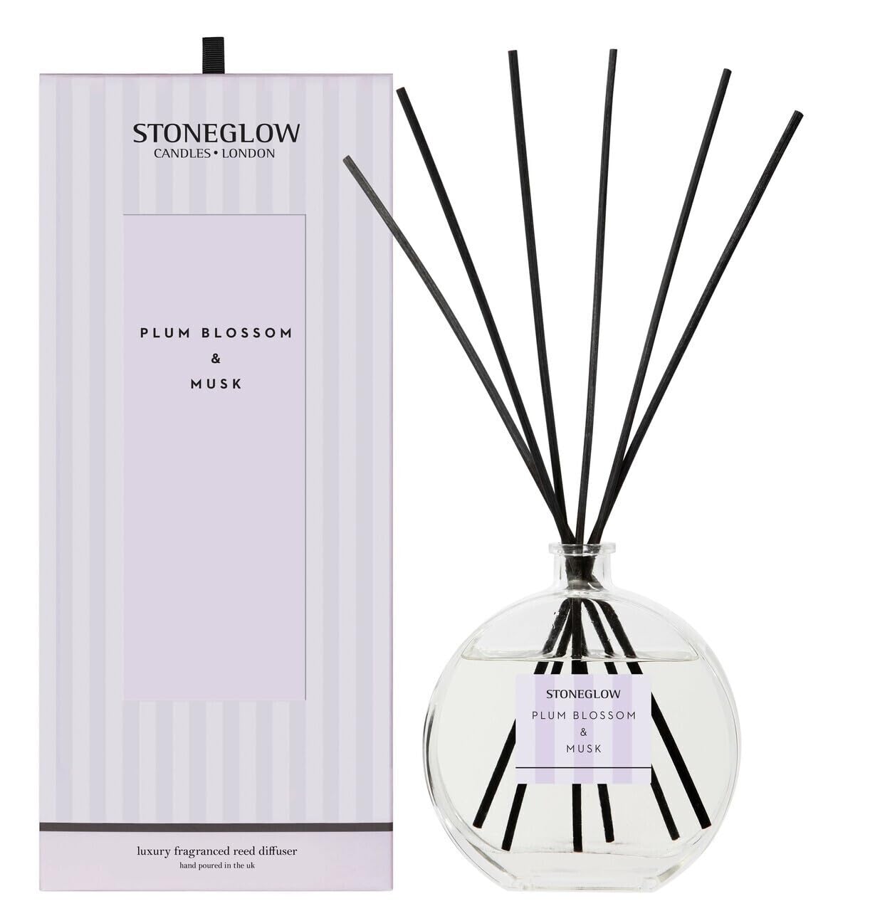 Stoneglow Clear Modern Classics Plum Blossom & Musk Scented Reed Diffuser 460Ml With Pear, Melon & Freesia, 12 Rattan Reed Diffuser Sticks, Lasts 32 Weeks, Refillable Home Fragrance