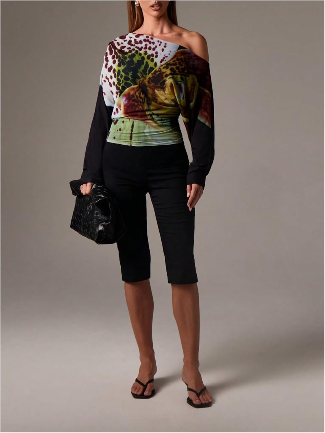 SweatyRocks Women's Off The Shoulder Floral Print Cinched Waist Tops Long Sleeve Ruched Mesh Going Out Tees - Image 5