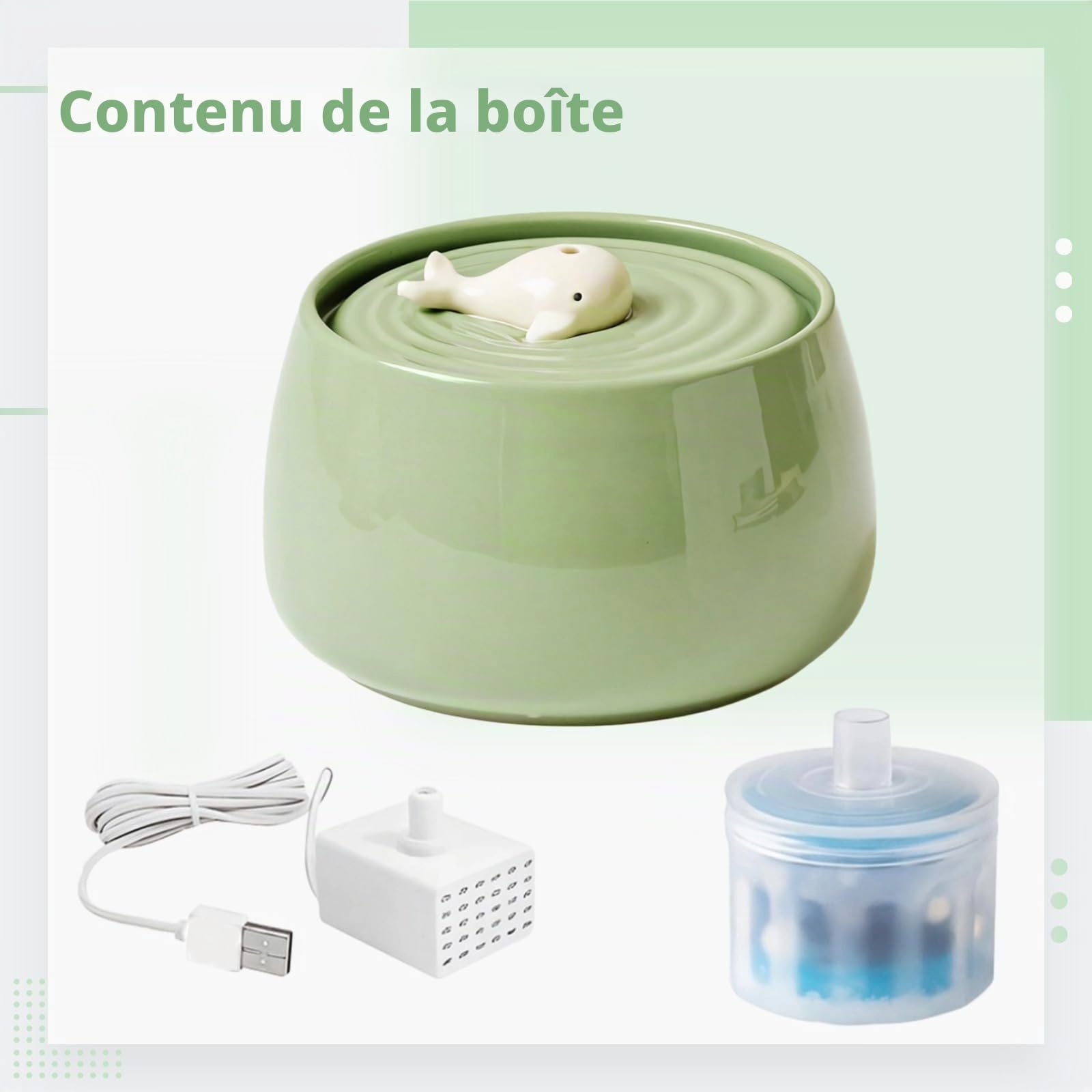 Fontaine à eau en céramique pour chat avec motif de baleine, distributeur d'eau pour animaux de compagnie avec double filtration, bol à boire automatique silencieux avec filtre à charbon actif pour