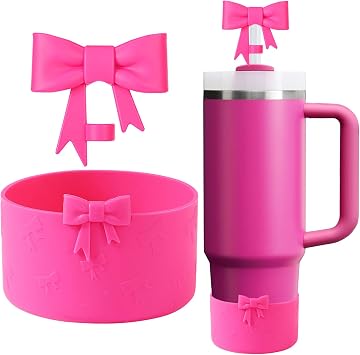 Cup Accessories Set for Stanley,Including 1Pcs Cute Bow Straw Cover Caps 10mm Reusable Straw Toppers,1Pcs Silicone Boot Sleeve for Stanley Quencher H2.0 Tumbler with Handle 30&40oz, Fuchsia