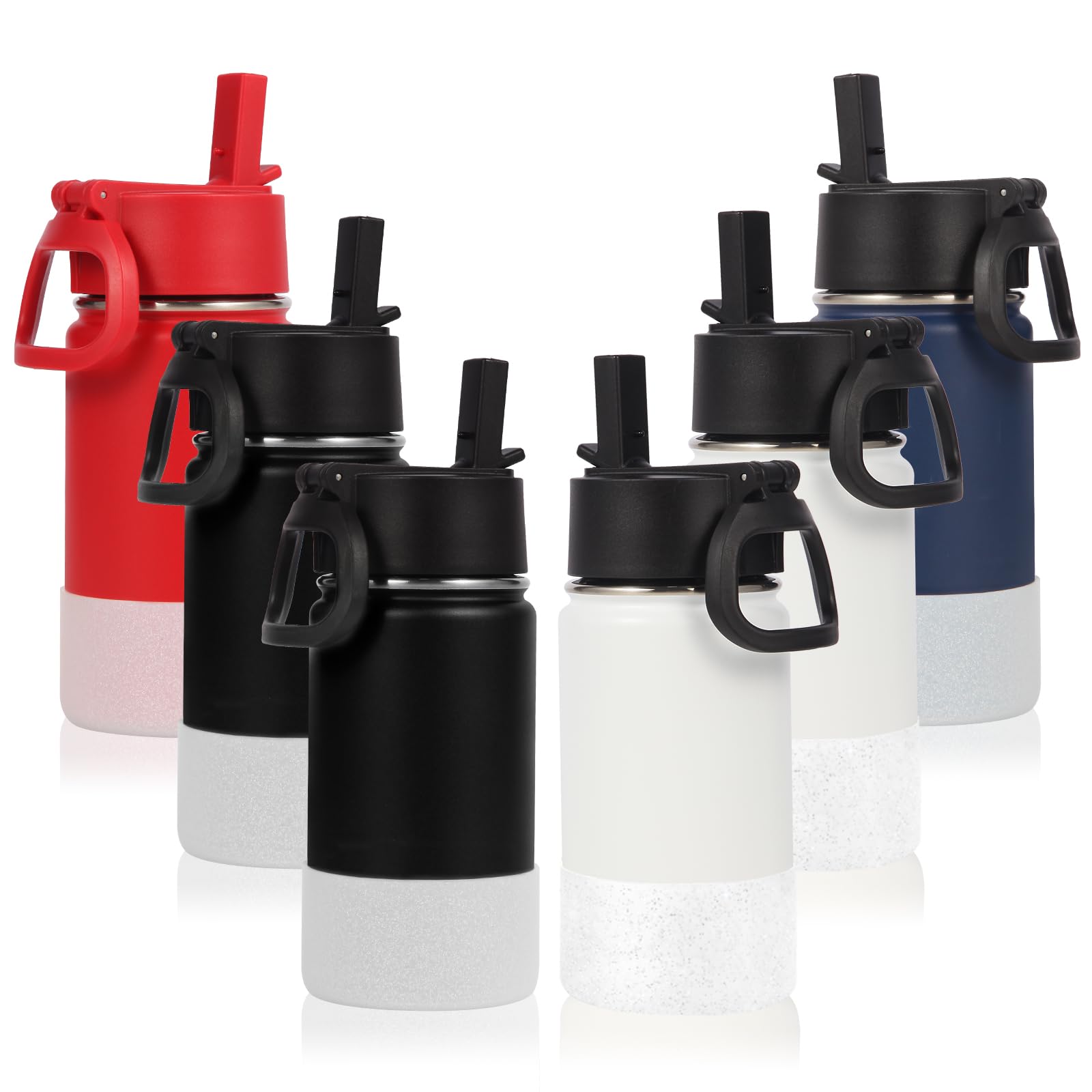 Volhoply 410ml Trinkflasche Kinder aus Edelstahl, doppelwandige vakuumisolierte Thermosflasche mit Trinkhalm & Griff, Silikonschutzhülle, BPA-freie Isolierflasche für Schule (Farbmix, 6er-Set)
