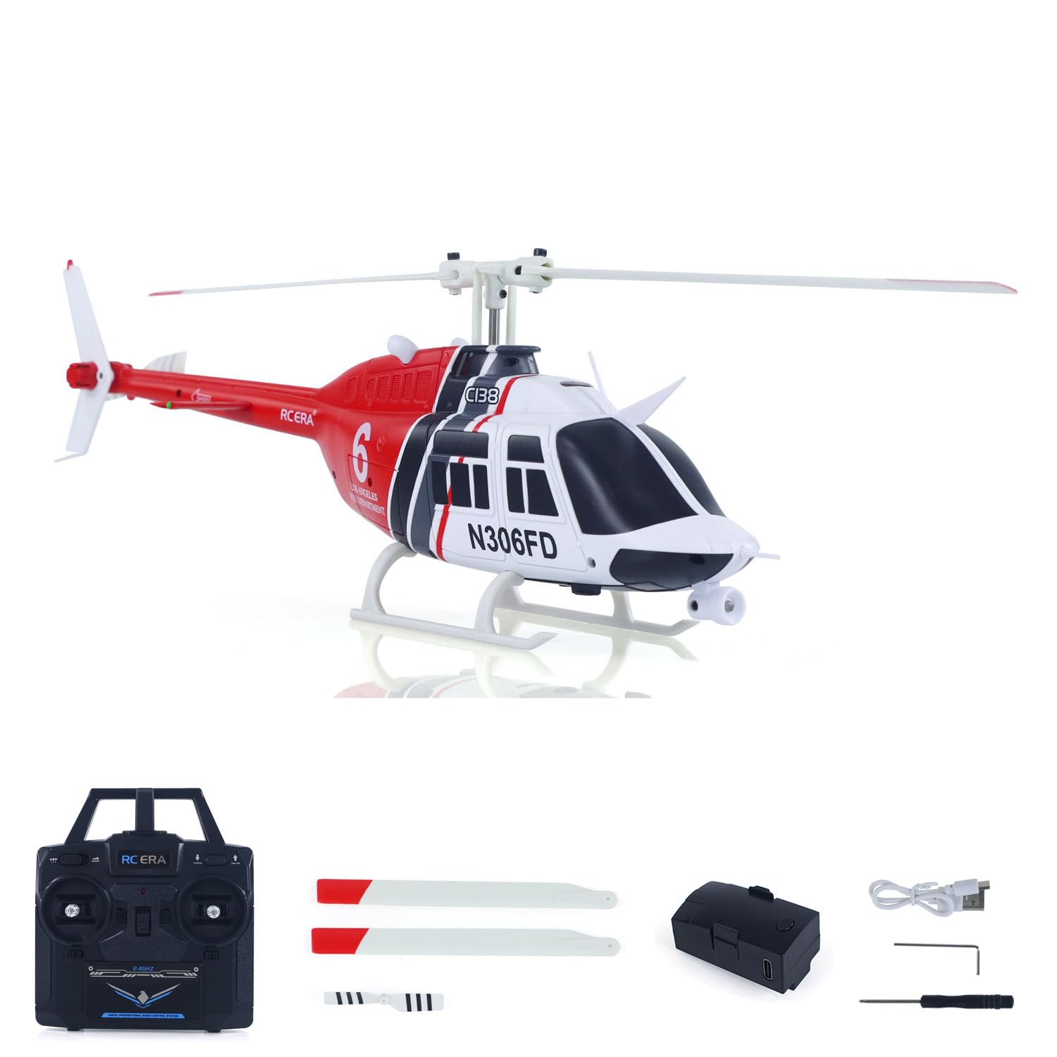 wheelfun 1/33 C138 Rc Simulation Helicopter Model Bell206 6Ch Radio Control Stunt Airplane 6 Axis Gyroscop Battery Adults Gifts Toy(Red White and Black) — image 1