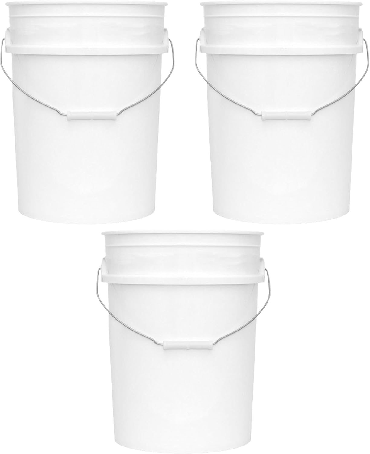 MKS Plastics 5-Gallon Bucket Only – No Lid Included, Made in USA, Food Grade BPA Free Plastic, Heavy Duty Multi-Use, Metal Handle with Grip, Stackable Storage – White, 6 Pack