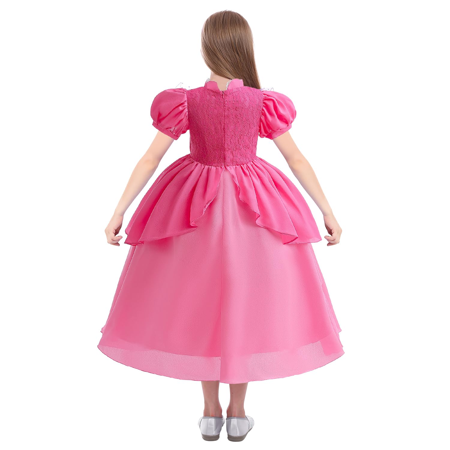 Princess Peach Dress for Girl,Super Brothers Princess Cosplay Costume,Peach Dress set With Crown Necklace Magic Wand Pink Bag Accessories, Halloween Christmas Birthday Party Carnival Cosplay Costume.