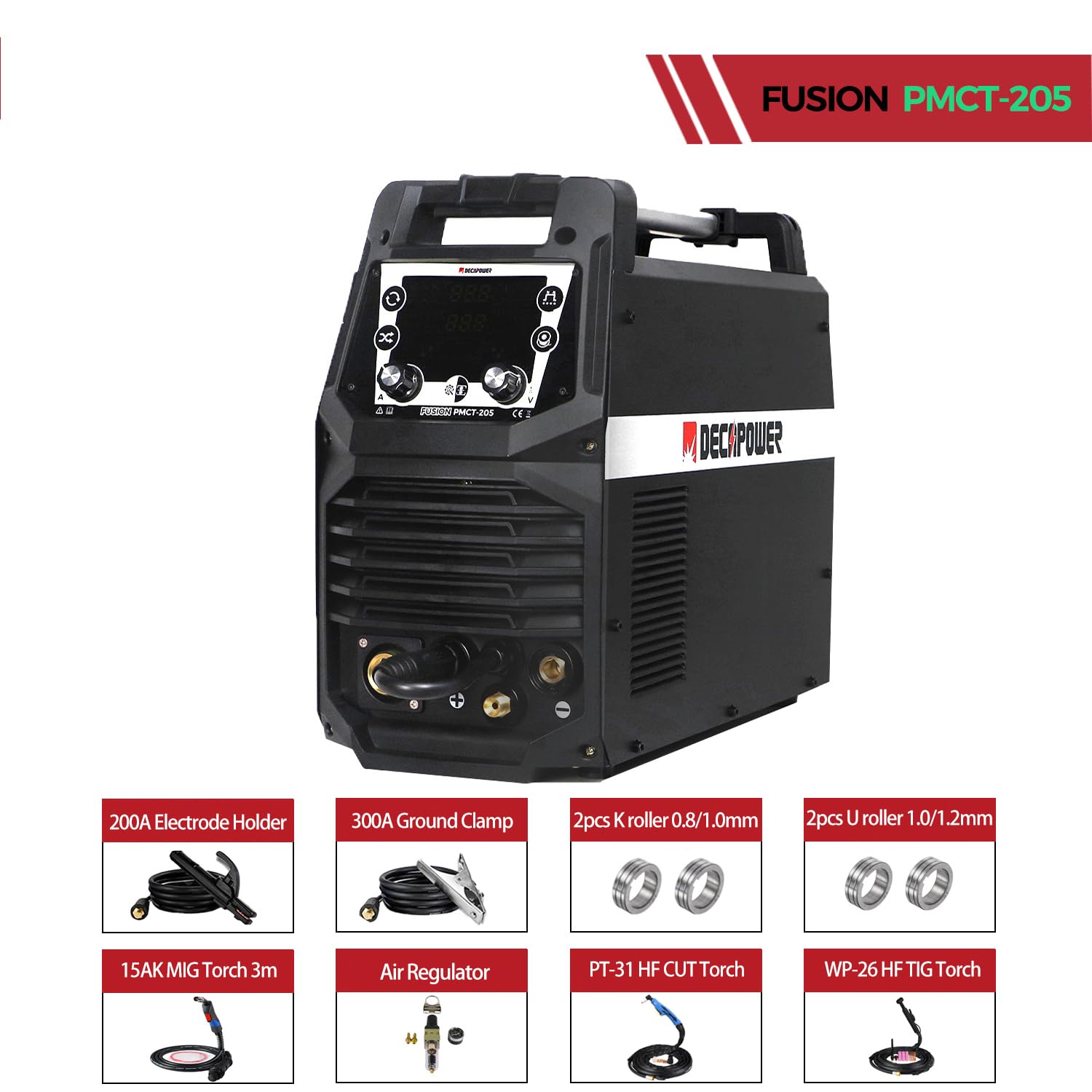 Decapower Multi Procede 200A 6 en 1 Poste a Souder Fil Fourré MIG MAG Pulse MMA HF TIG Decoupeur Plasma avec gaz sans gaz Multifonction soudure machine de découpe soudage (PMCT 205 PACK 3)