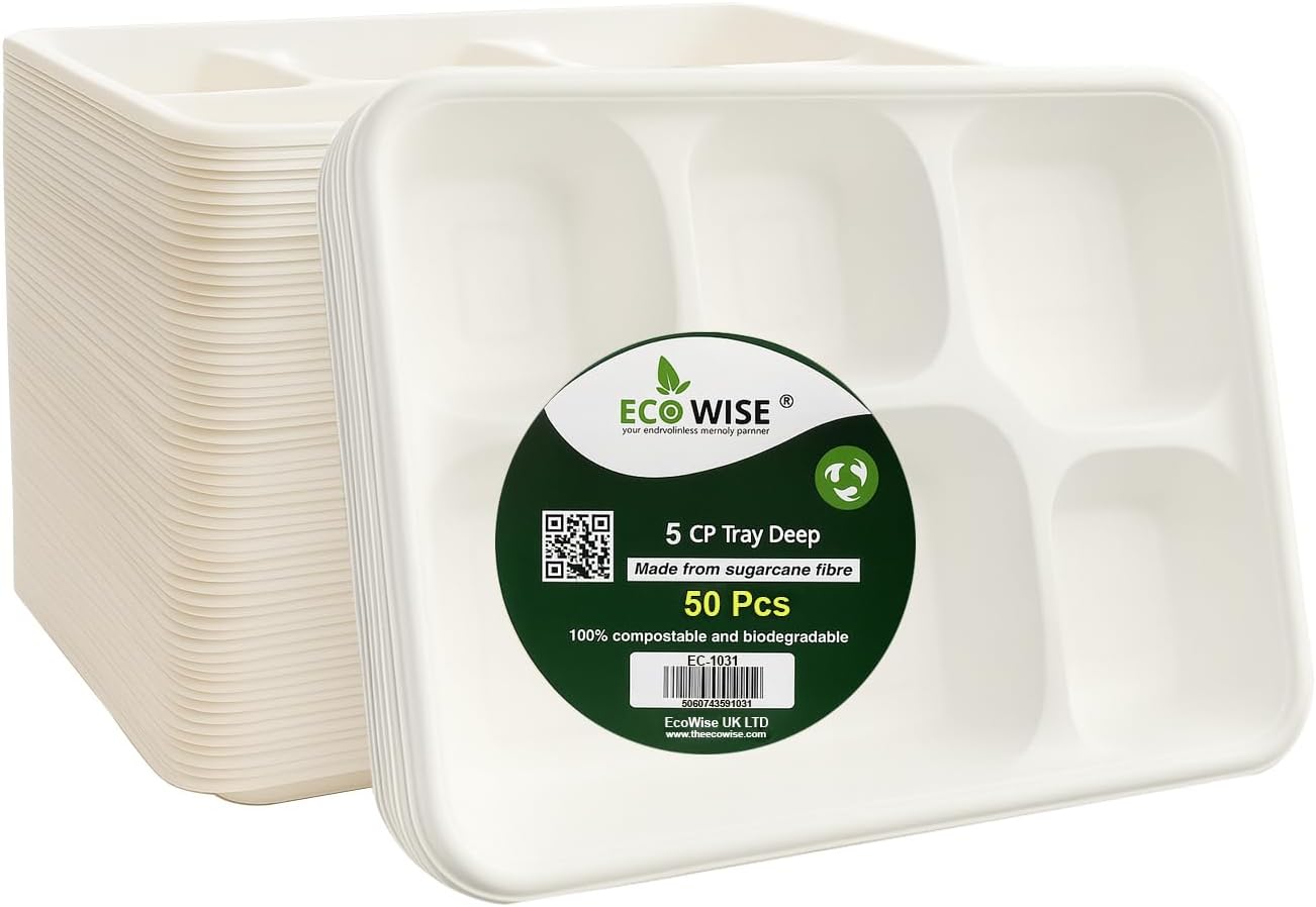 Best House EcoWise 100% Compostable and Biodegradable 5 Compartment Dinner Plates, 5CP Food Tray, Eco-Friendly Disposable Sugarcane Paper Trays (Pack of 50 PCS)