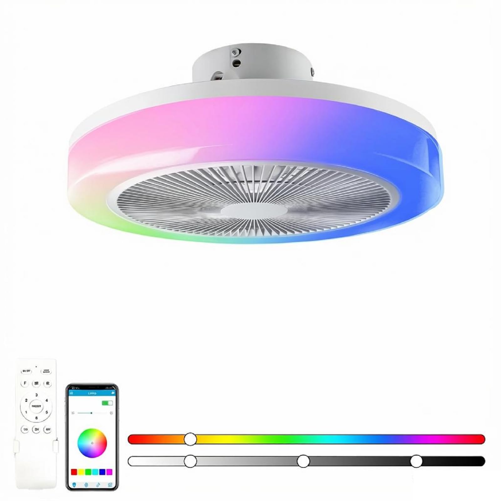 Photo 1 of 20" Color LED Ceilin Fan - Bladeless Fans with Color Changing Ceiling Light Flush Mount, 3 Modes, 6-Speeds, Kids Bedroom Lights, Low Profile Fans Light for Living Room/Bedroom/Game Room,ect