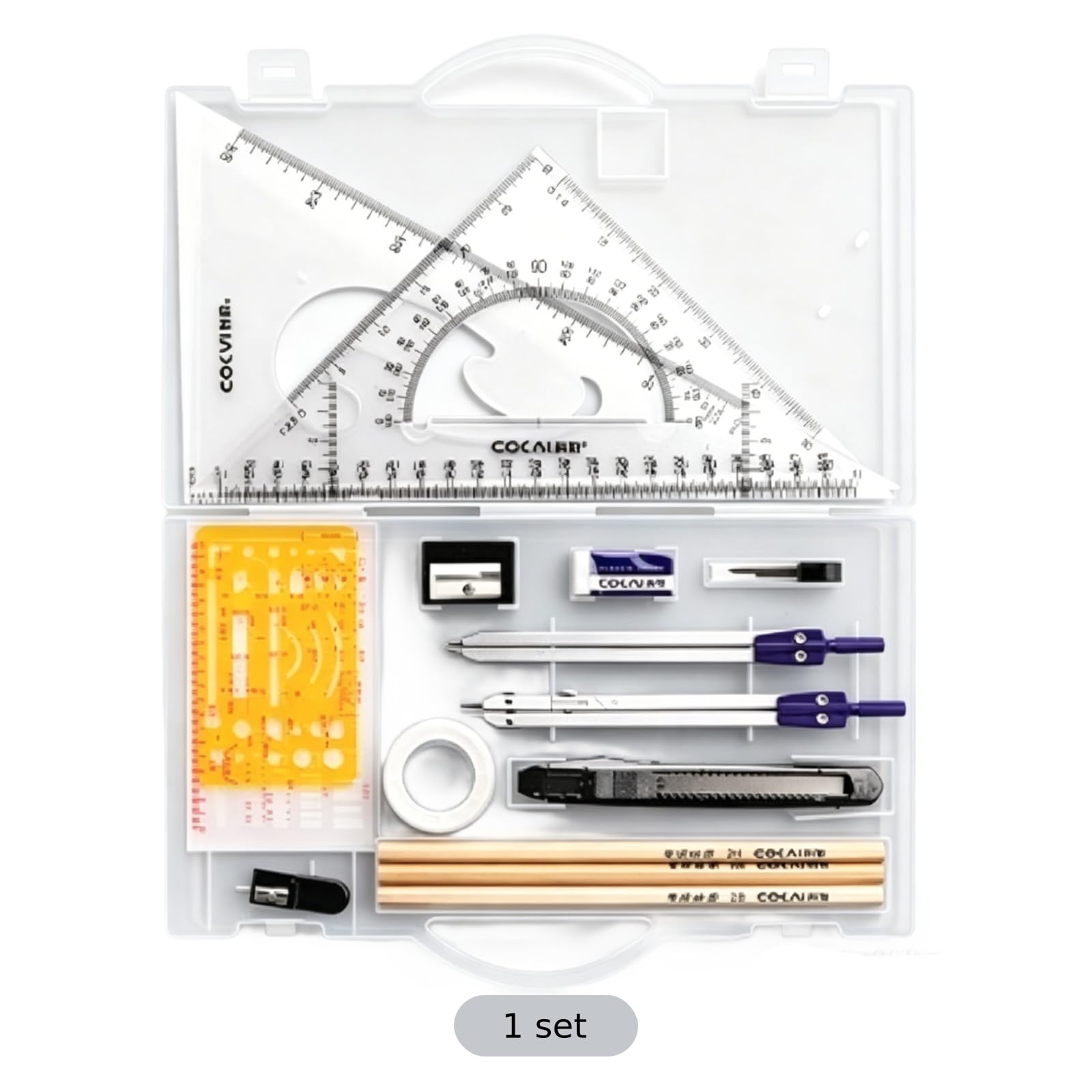 Set géométrie 20 pièces, kit d'outils de dessin de précision avec compas, gabarits de dessin, rapporteurs et crayons en bois, fournitures de traçage pour architecture, ingénierie et design