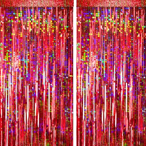 Image of 4 Packs Red Foil Fringe Curtain, Red Glitter Metallic Tinsel Backdrop for Birthday, Wedding, Baby Shower, Halloween, Christmas, Carnival, Casino Party Decorations Supplies