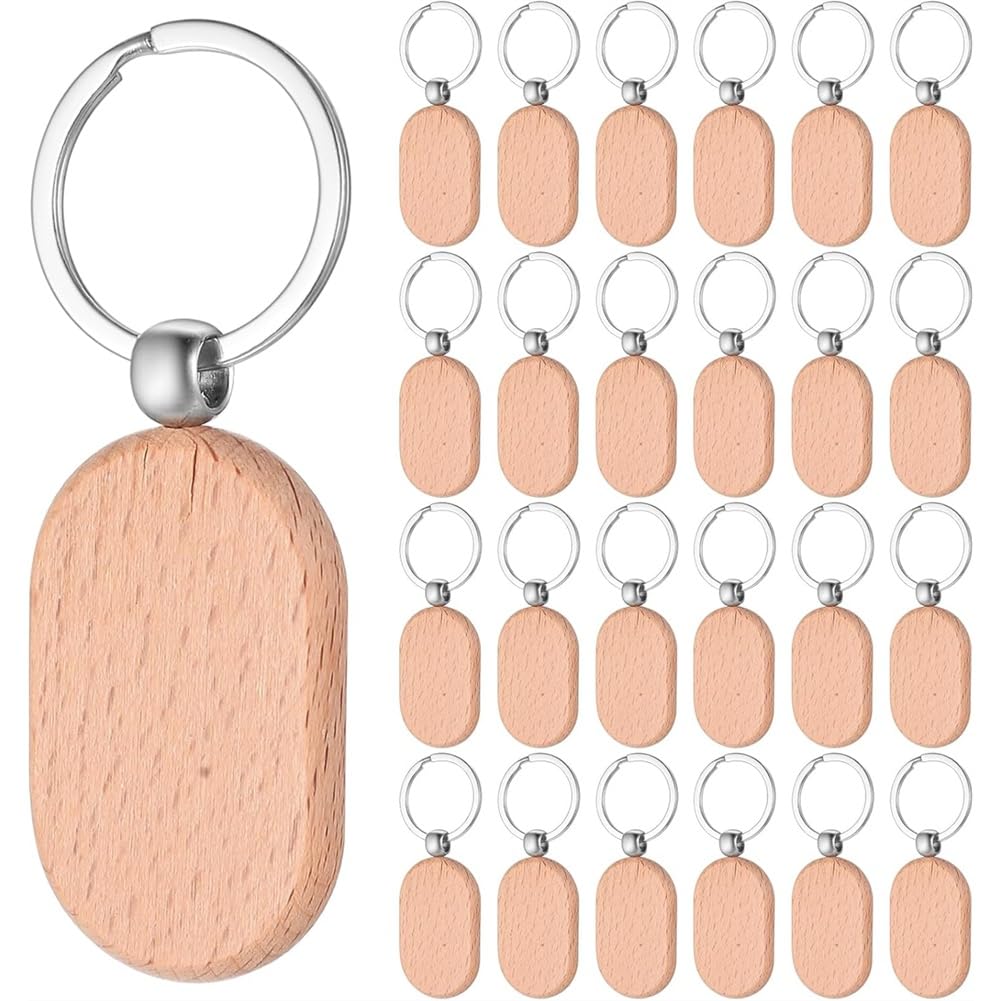 Vjsujehgy Wooden Keychain Blanks 25 PCS, Wood Engraving Key Tags, Chain Unfinished Ellipse Design