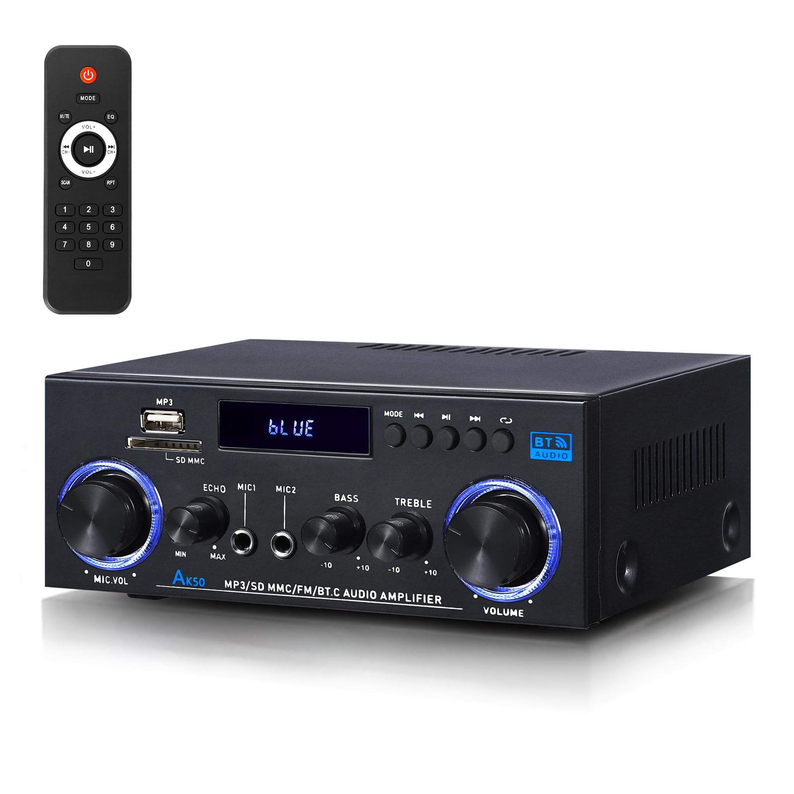 AK50 Amplificador estéreo de audio para el hogar, Bluetooth 5.0 máximo 200 W, receptores estéreo de 2.0 canales para coche, fiesta en casa, amplificador con tarjeta USB/TF/entrada AUX/control de