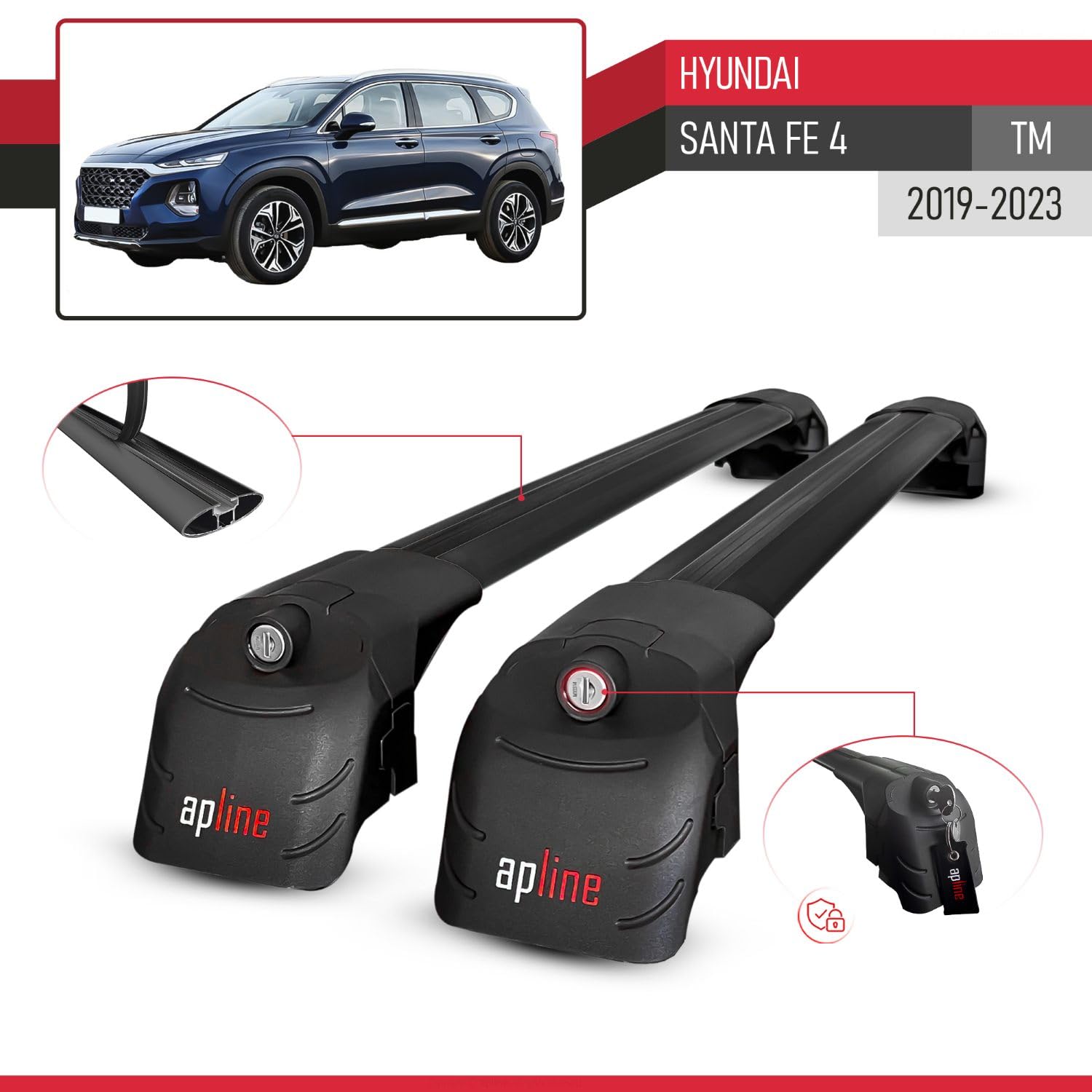 Compatibile con Hyundai Santa Fe 4 (TM) 2019-2023 Modello ACE-2 Barre Tetto Portapacchi Auto Barre Portatutto Nero Alluminio 2 Barre