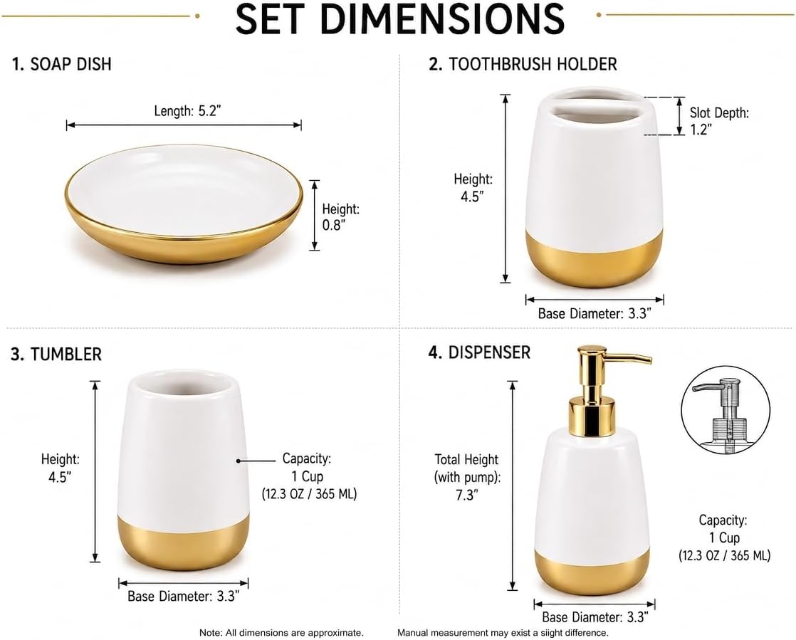 4-Piece Ceramic Bathroom Accessories Set, White and Gold Bathroom Set with Soap Dispenser, Toothbrush Holder, Tumbler and Soap Dish, Modern Vanity Countertop Decor