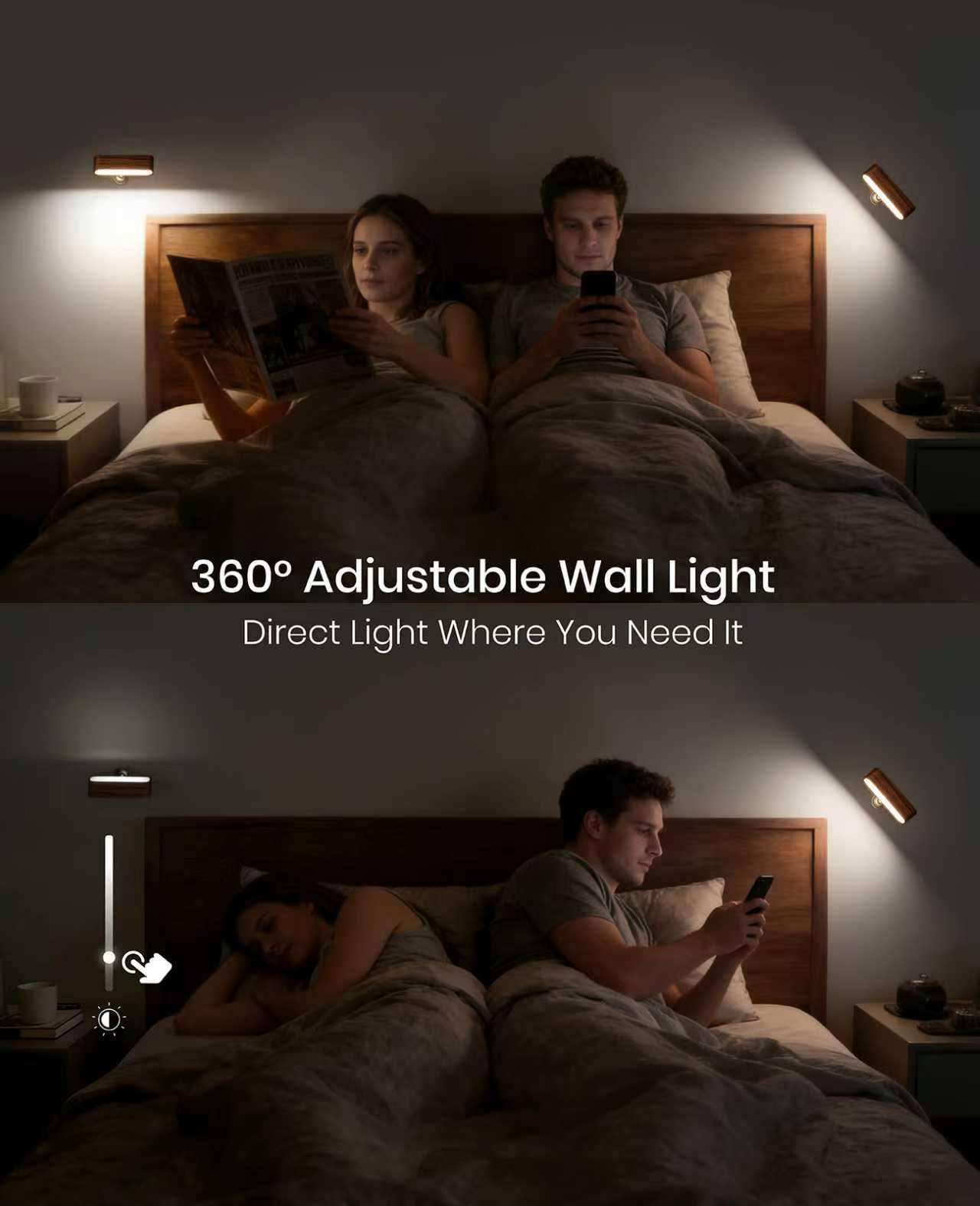 Aplique de pared LED de madera magnético giratorio de 360°, mini lámpara de brillo ajustable, luces nocturnas recargables, luz de lectura alimentada por pilas, para mesita de noche, pasillo, sala de