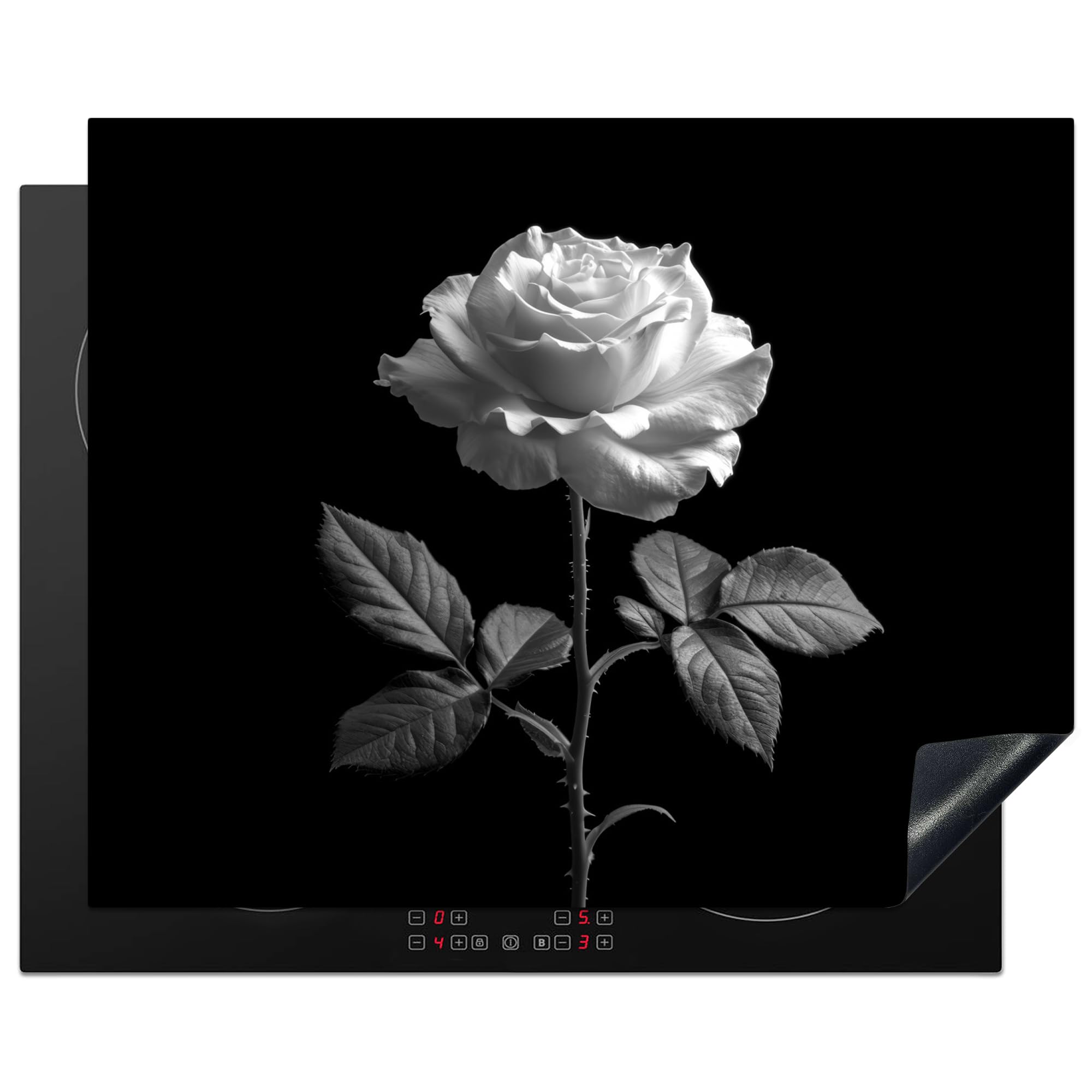 KitchenYeah© Herdabdeckplatte Einteilig Küche Herdabdeckung Induktionsfeld Ceranfeld Herdabdeckplatten Vinyl Matte Aufrollbar Rose - Schwarz und weiß - Blumen - Natur - 65x52 cm