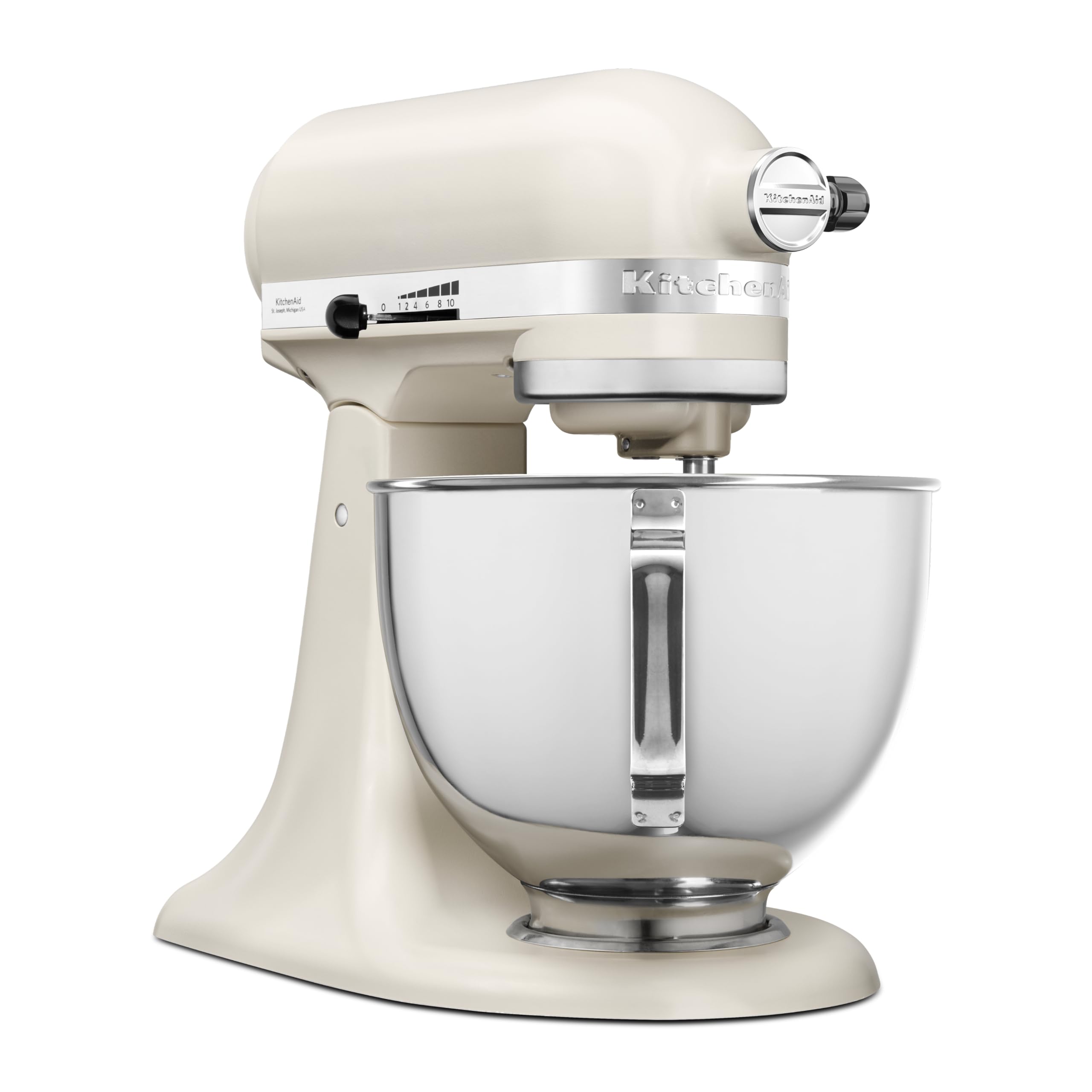 KitchenAid Classic 4,3L Küchenmaschine mit Schwenkkopf, 10 Stufen mit Sanftanlauf, Flachrührer, Knethaken & Schneebesen, Planetenrührwerk, 59 Schüsselkontaktpunkte, Porcelain White