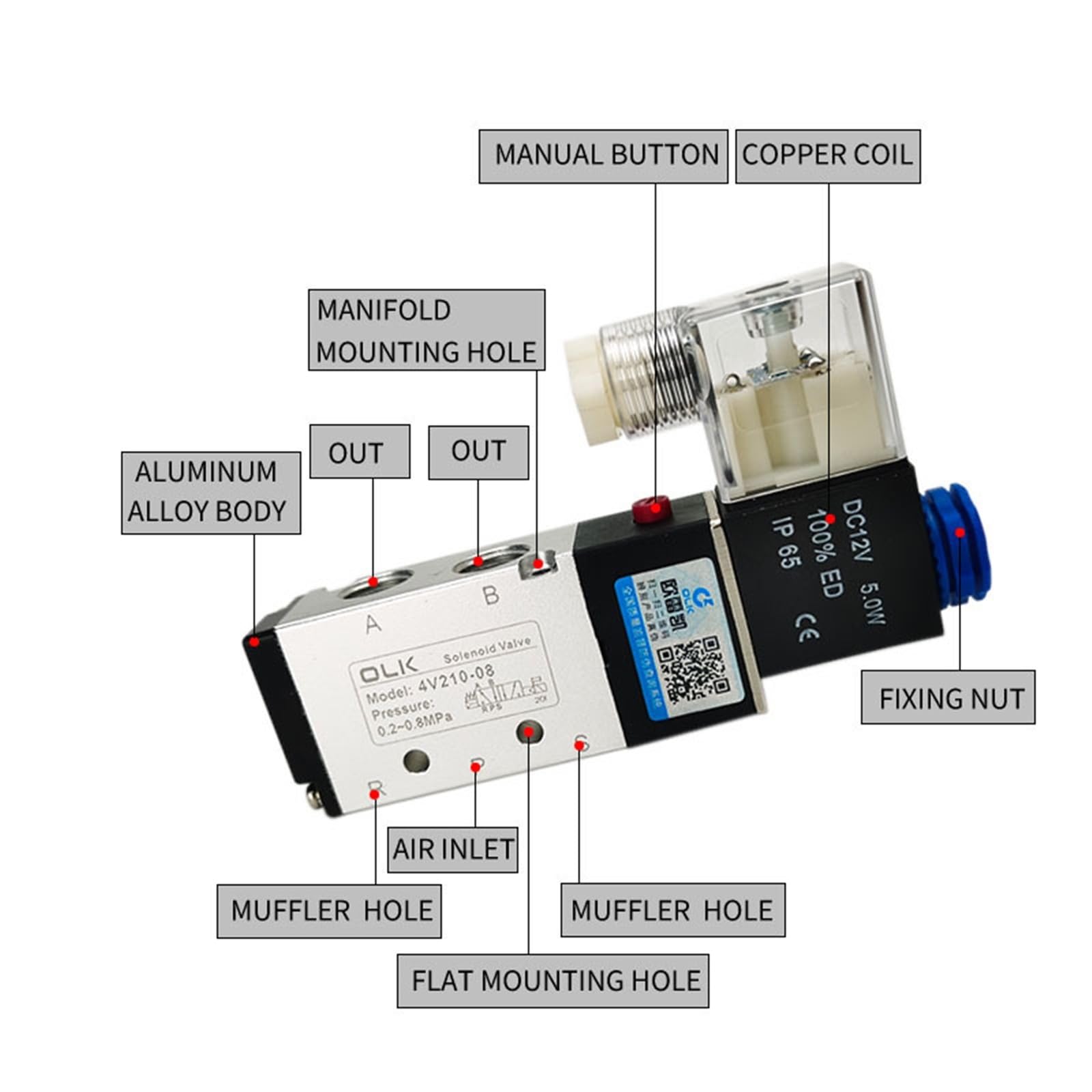 1 válvula de cilindro neumático 4V210-08, electroválvulas eléctricas de 5 vías, control de 2 posiciones, aire y gas, magnético, 12 V, 24 V, 220 V (con accesorios de 4 mm, AC110V)