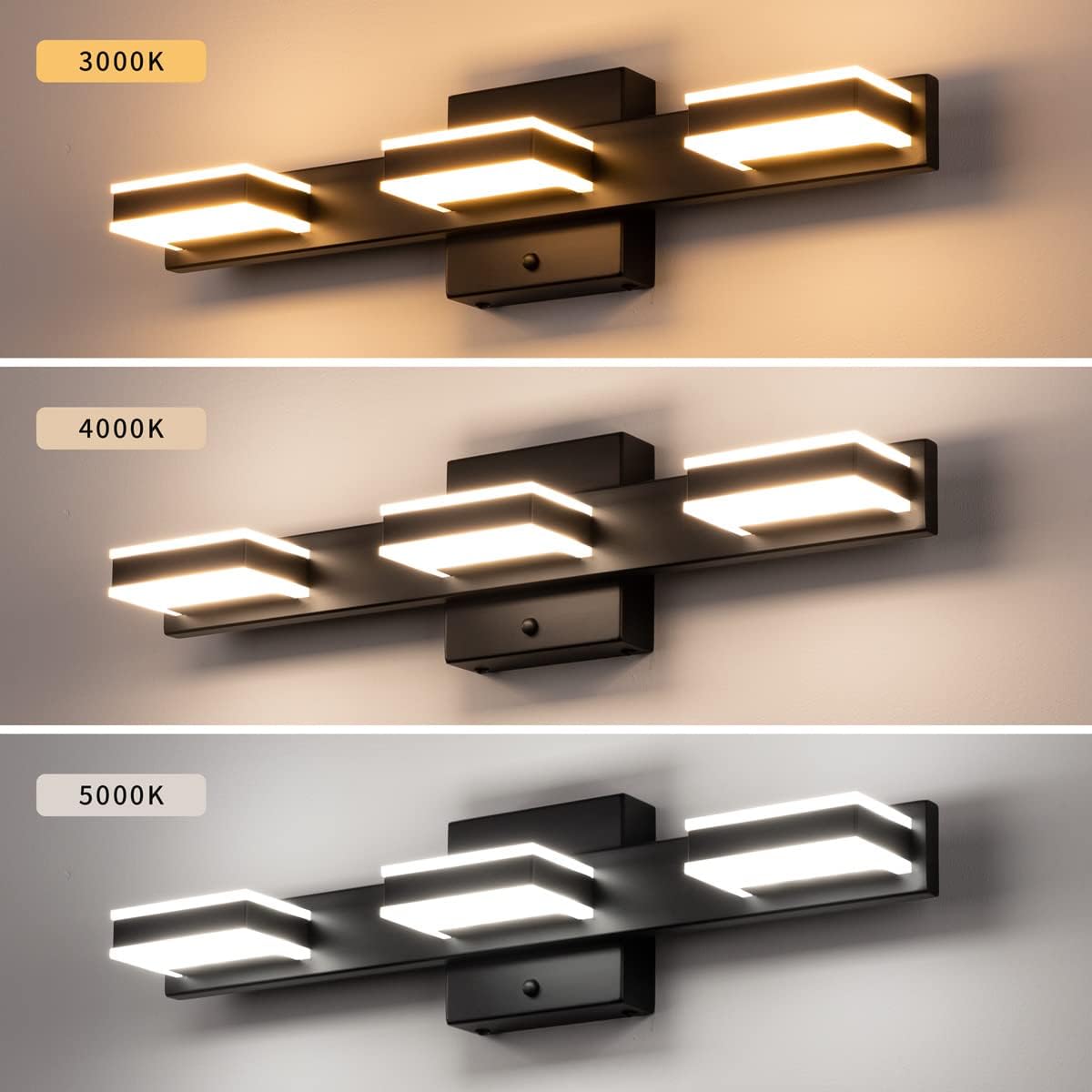 mirrea 20" LED Black Vanity Light 3000K/4000K/5000K CCT Adjustable 3 Light Bathroom Light Fixture Over Mirror