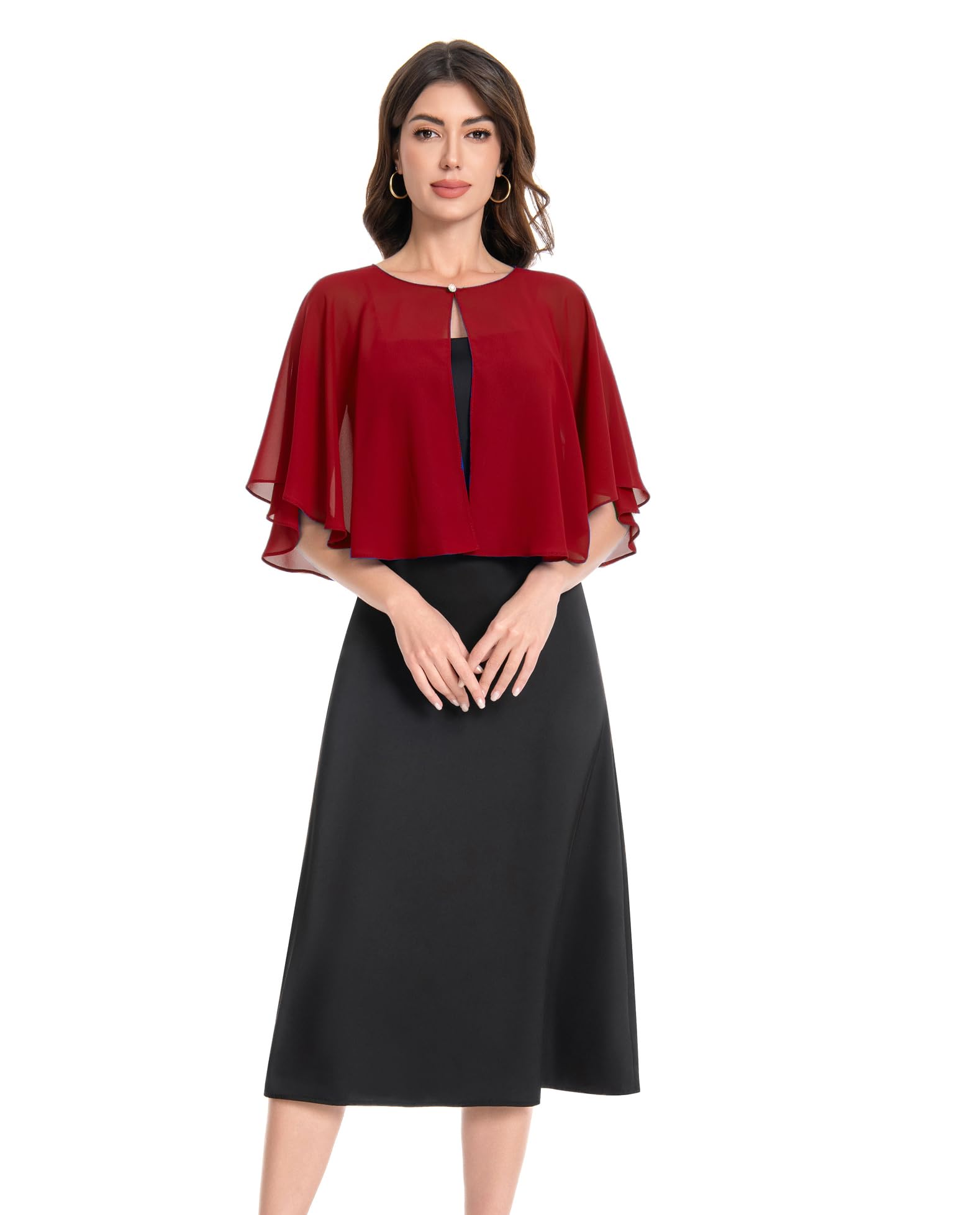 Baoqiya Capelets for women Chiffon Cape Soft Shawls and Wraps Wedding Capes 1920s flapper Cover Up, Wine Red, One Size