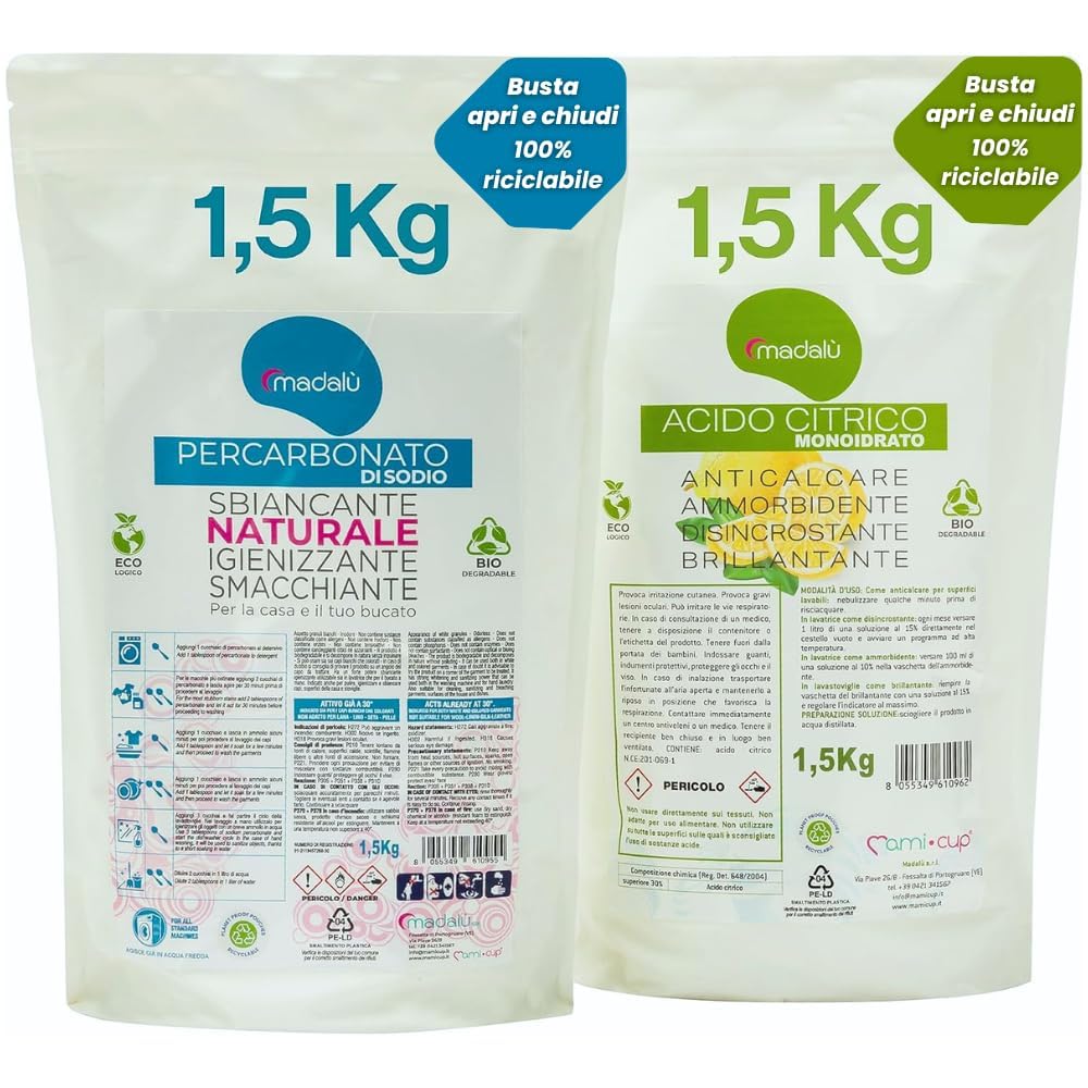 Kit Acido Citrico per Lavatrice + Percarbonato di Sodio Sbiancante (1,50 + 1,50 Kg) Azione Combinata per Sbiancante Bucato e Ammorbidente, Anticalcare Bagno, Antimuffa, Busta Richiudibile Riciclabile