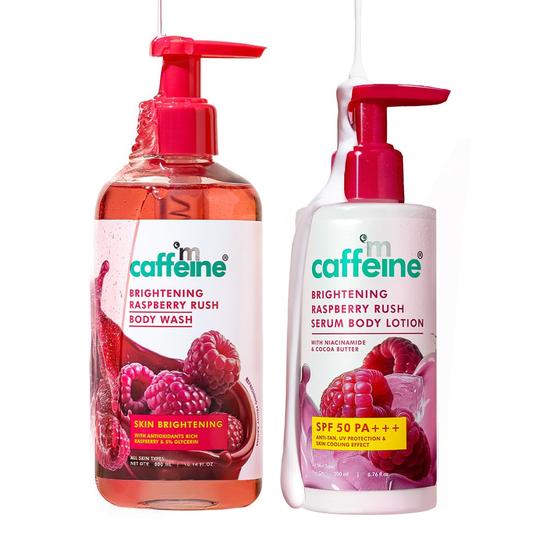 mCaffeine Brightening SPF 50 PA+++ Sunscreen Body Lotion & Wash Raspberry Combo | Deeply Cleanses | Tan Removal Body Lotion with Vit C & Niacinamide | Lightweight, Non-sticky Sun Protection - 200ml