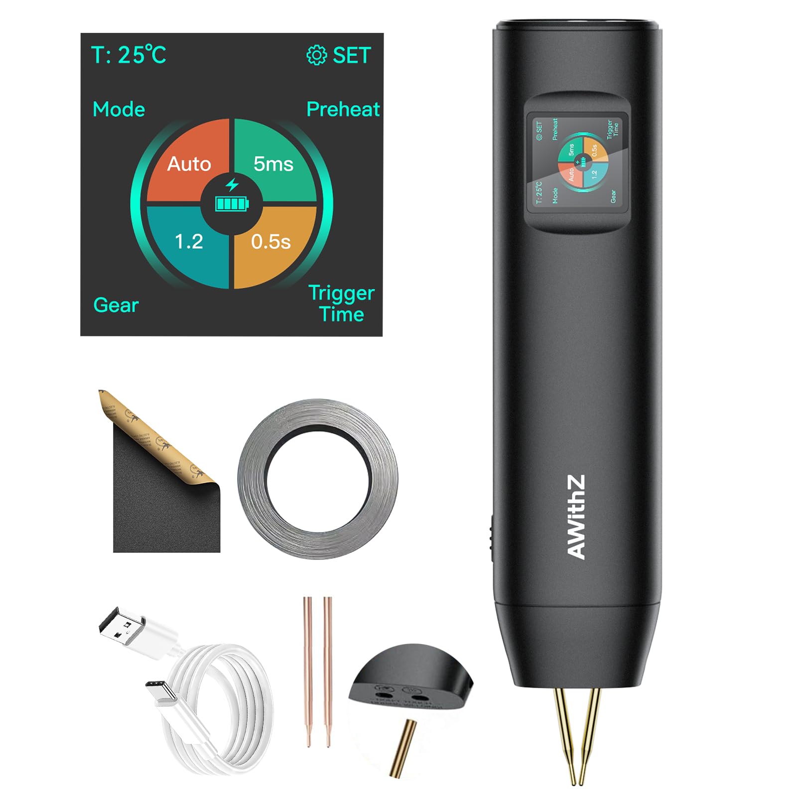 Handheld 18650 Battery Spot Welder with 1.5" LCD Display, AWithZ 99 Adjustable Levels, Auto/Manual Modes, 7-Language UI - Portable DIY Welding Tool for Lithium Battery Packs (H2)