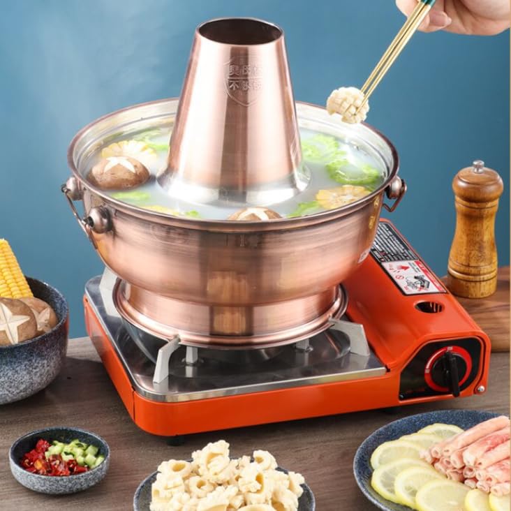 Mongolischer Hot Pot, klarer Suppen-Hotpot und chinesischer Holzkohle-Heiztopf sind geeignet mit Schornstein, mit Undichter Löffel und Löffel,Messing,36CM