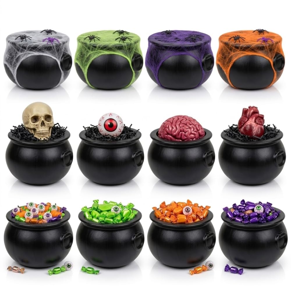 PMU 12 Pc Halloween Cauldron 10inch Witch Plastic Cauldron bowl Black, For Halloween Décor