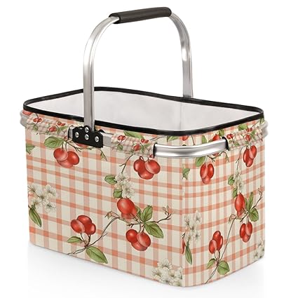 Skonsati Red Cherry Folding Picnic Basket Large Reusable Shopping Basket Collapsible Grocery Tote Bag with Handle & Aluminum Frame for Picnic Beach Pool Festival