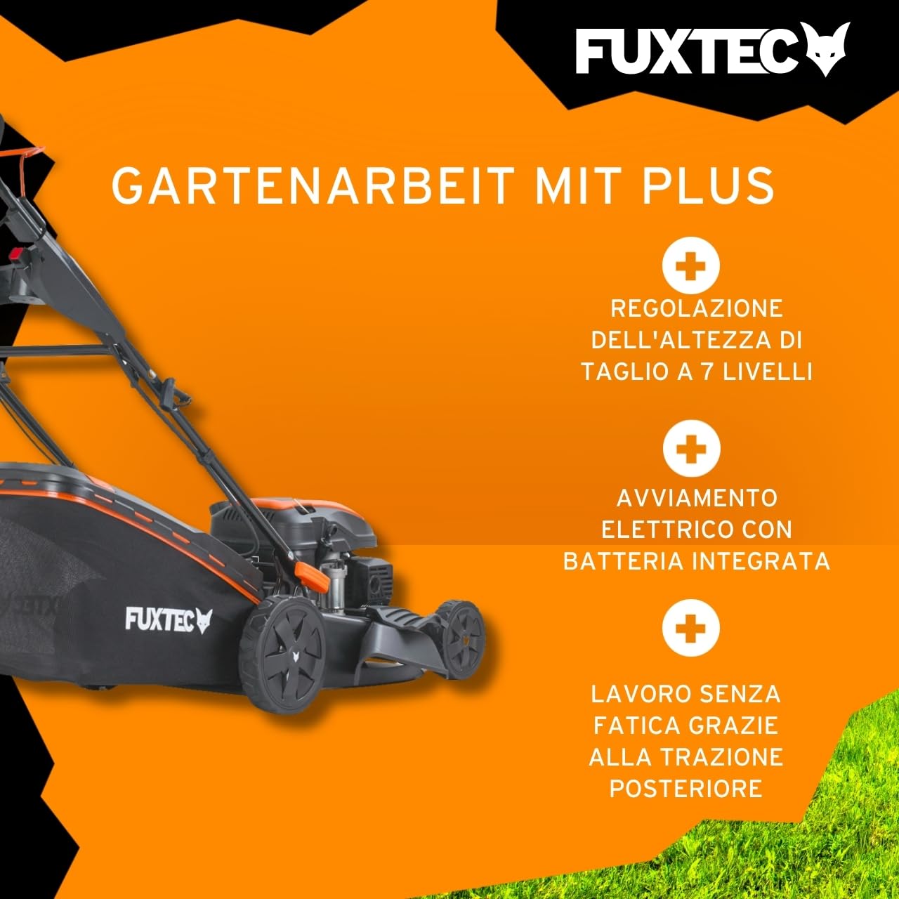 FUXTEC Tagliaerba a scoppio semovente RM5170eS 4in1-4 CV,Tosaerba a benzina 4 tempi trazionato avviamento elettrico,Larghezza di taglio 51cm - cesto raccoglierba 60L,mulching scarico laterale