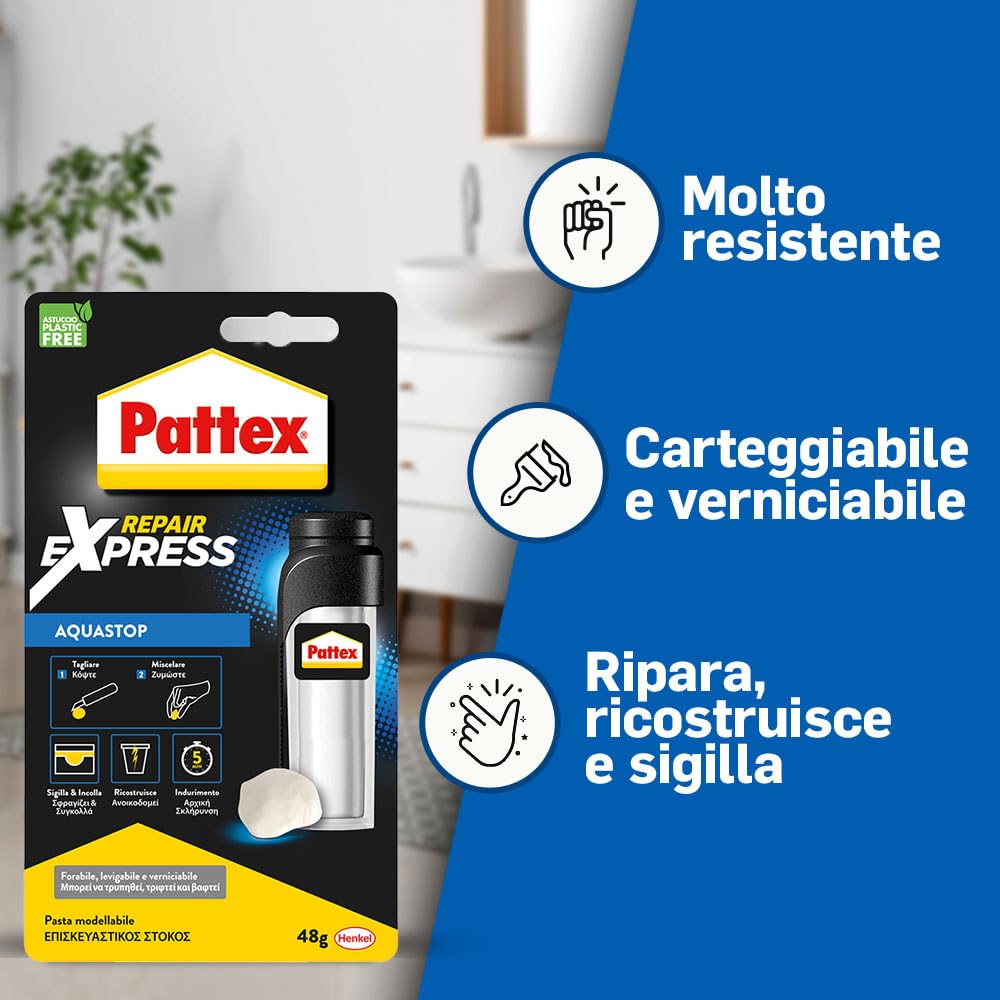 Pattex Riparatutto Express Aquastop, Colla Epossidica Bicomponente Resistente all’Acqua, Resina Epossidica Sigillante Ideale per Riparazioni, Colla Bicomponente Adatta per Diversi Materiali, 48 g