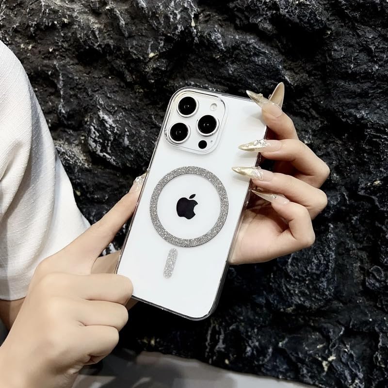 Image of COVERLY Ultra Thin Slim Sleek Hard Transparent Shinny Glitter Magnetic Ring Mag-Safe Case for iPhone 15 Pro Max Shockproof Case PC Clear Bling Spakly Cover