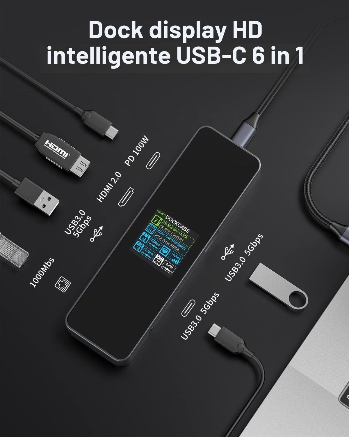 DOCKCASE Smart Hub 6-in-1, Ethernet Gigabit, HDMI 4K@60Hz, PD 3.0 100W, USB-C e 2 USB-A 5Gbps, Adattatore Multiporta per MacBook Pro/Air, Dell XPS
