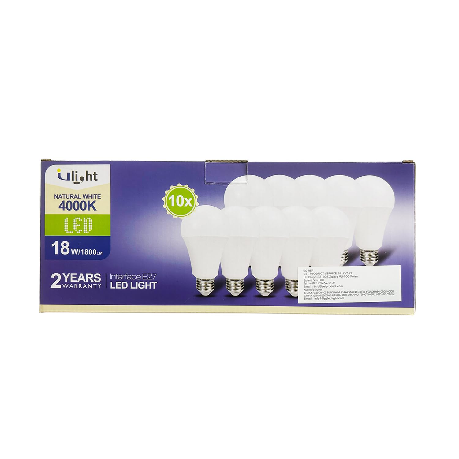 ULIGHT Lampadina LED A70 a Goccia da 18W, Equivalente Incandescente da 150W, Luce Naturale 4000K, 1800lm, Fascio Luce 170°, 220-240V Attacco E27, Confezione da 10