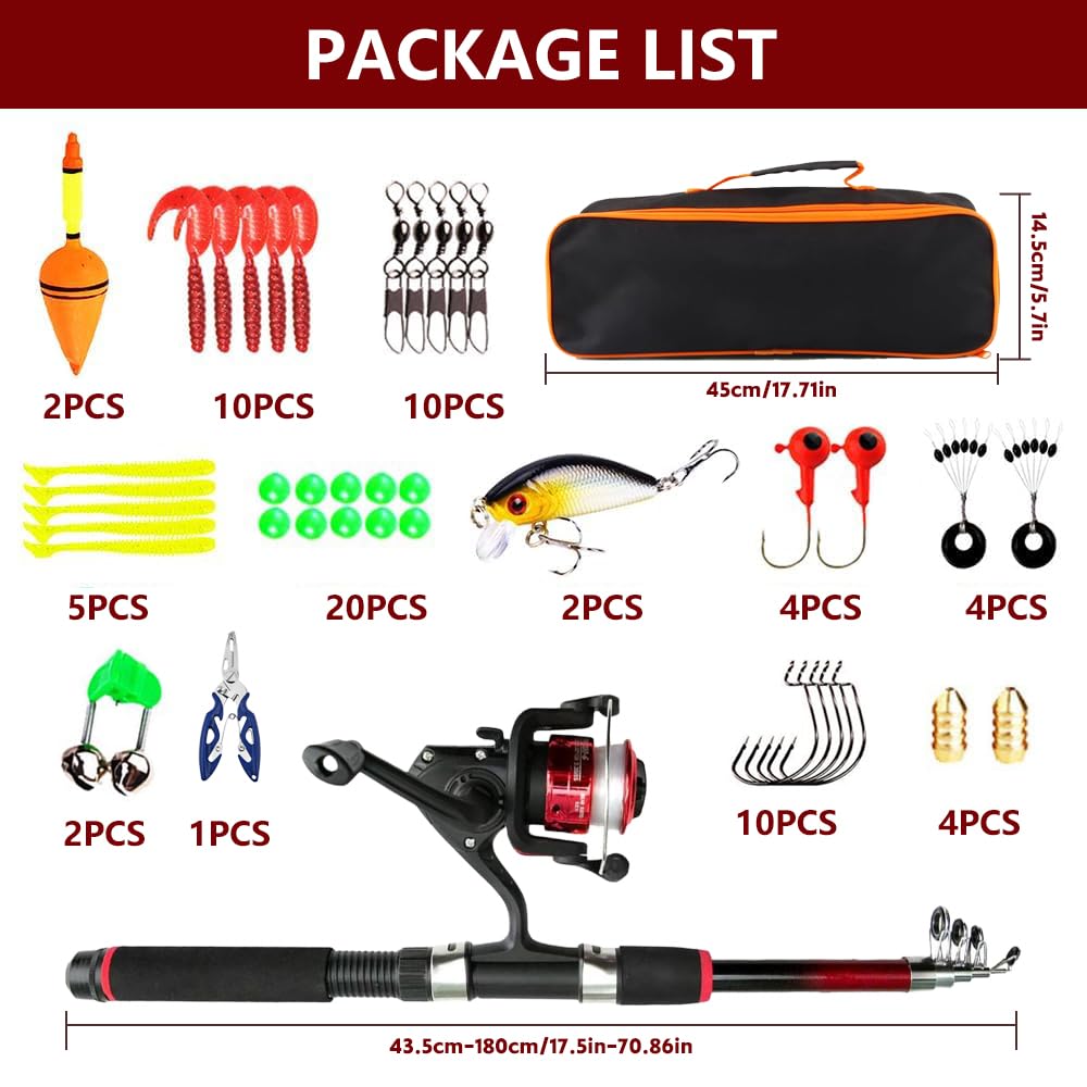Kit de Canne à Pêche Télescopique 1,8M Enfant avec Moulinet Leurres Sac Transport Débutants
