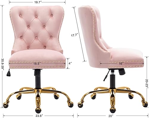 Miniatura 3 de QUINJAY - Silla de escritorio de terciopelo para oficina en casa, silla de escritorio giratoria ajustable tapizada con base dorada, silla de