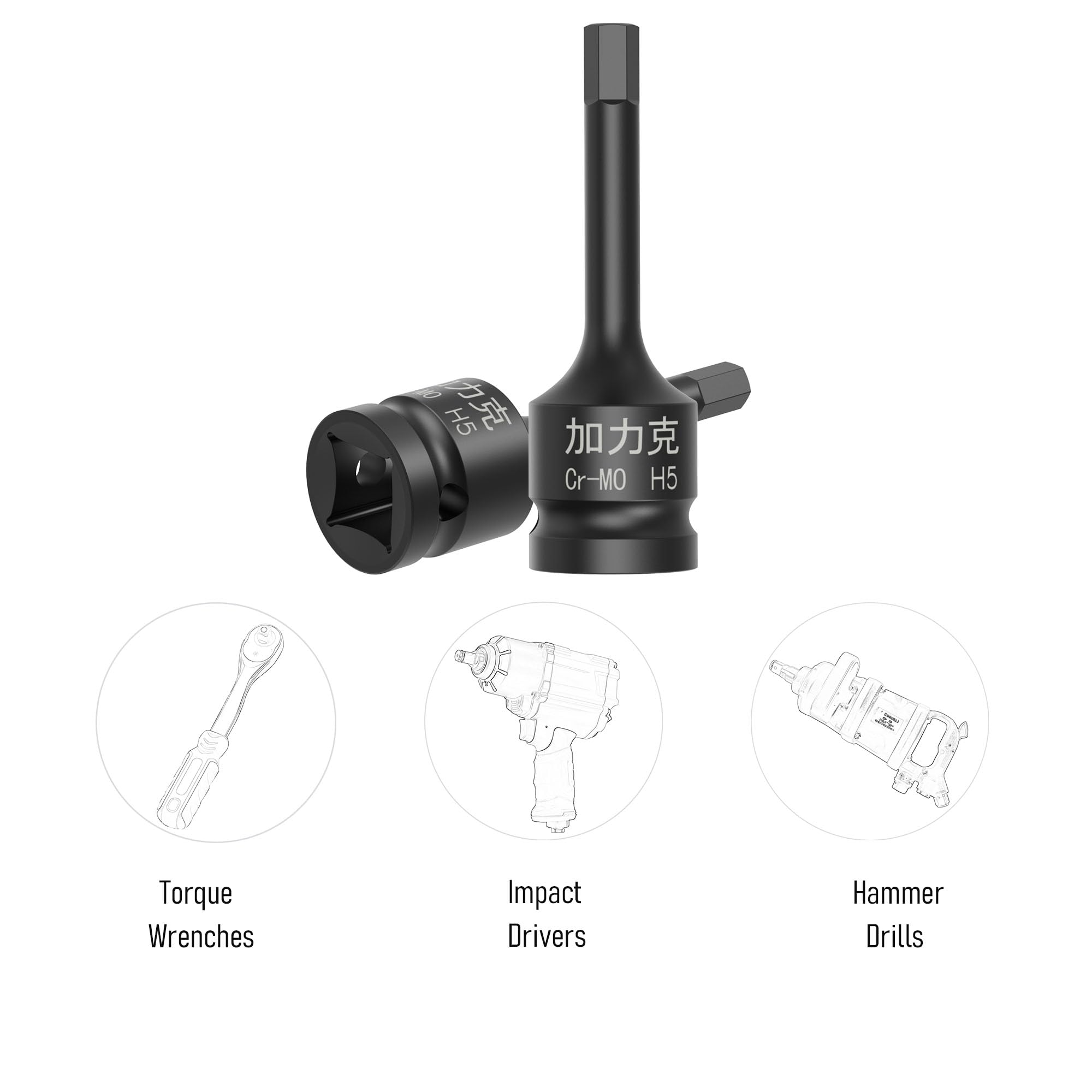 FOCMKEAS 3PCS 3/8" Square Drive H5(5mm) Impact Hex Bit Socket, 60mm(2.36") Length, Hex Driver, Impact Grade - Image 4