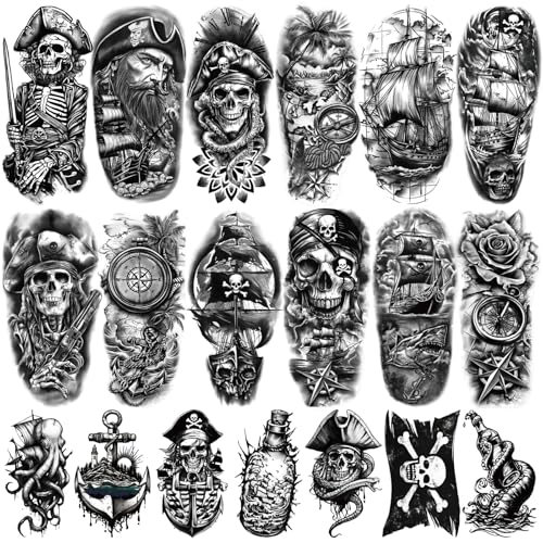 Image of 77 Sheets Pirate Temporary Tattoos Adult,Captain Anchor Compass Sailboat Tattoos, Pirate Ships Flag Skull Crossbones Sailor Fake Tattoo for Costume, Fake Arm Tattoos for Men Women Kids